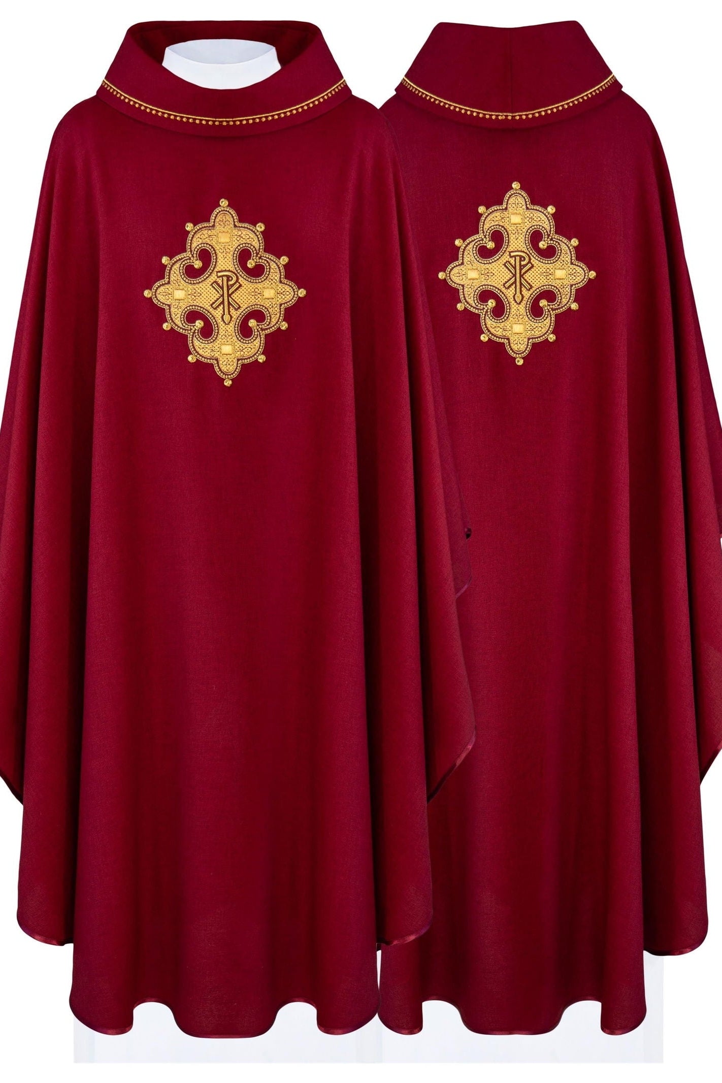 Chasuble with embroidered cross and gold trim on collar in red