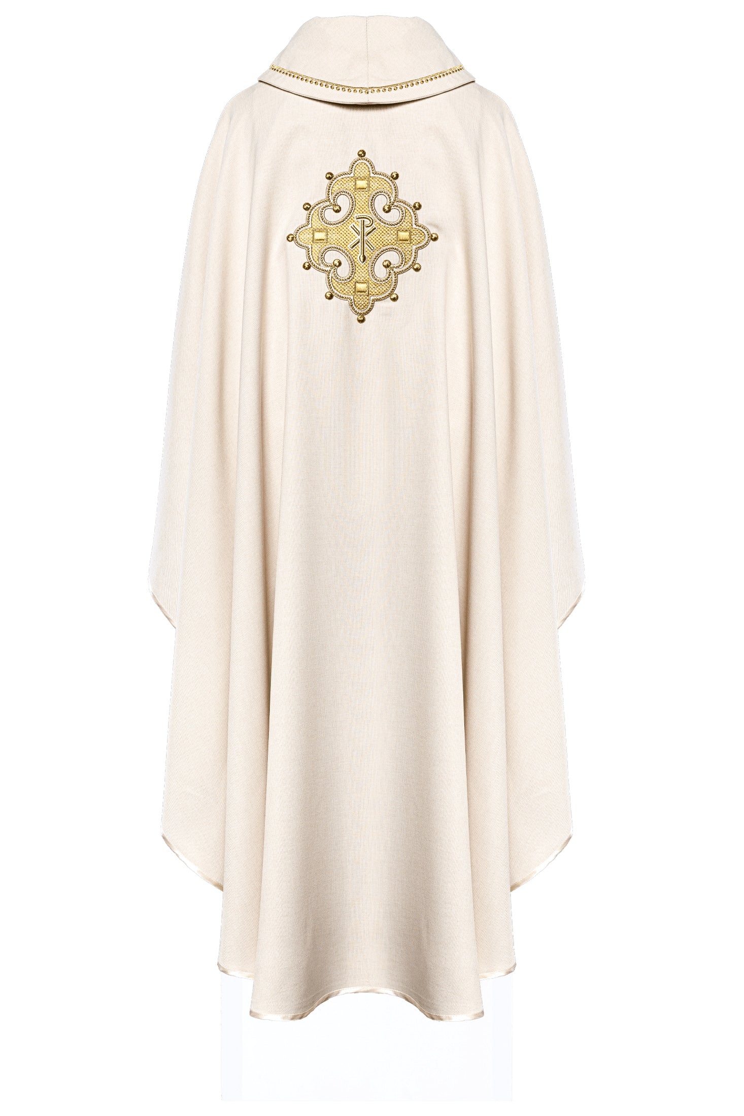 Chasuble with embroidered cross and gold trim on the ecru collar