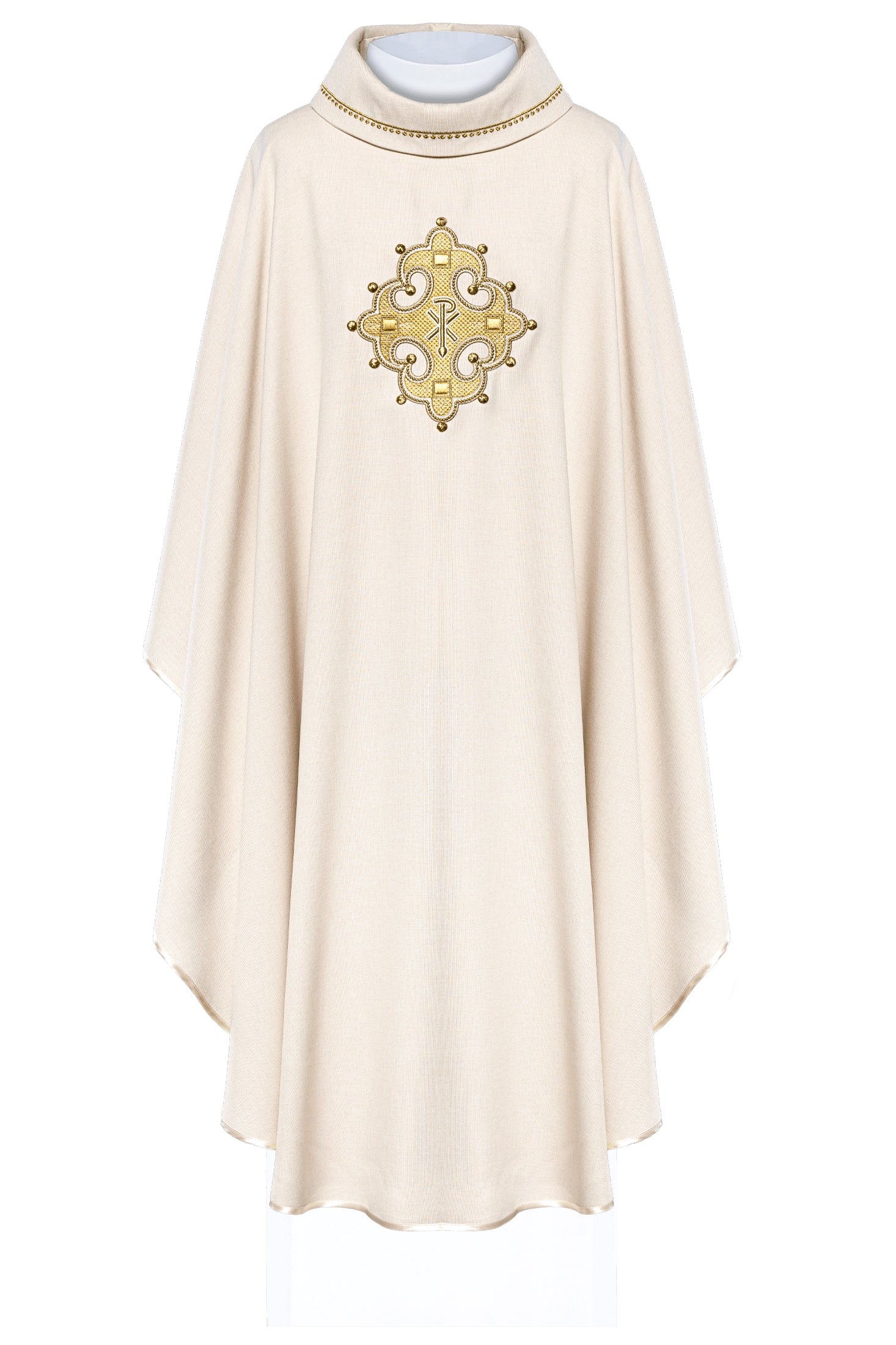 Chasuble with embroidered cross and gold trim on the ecru collar