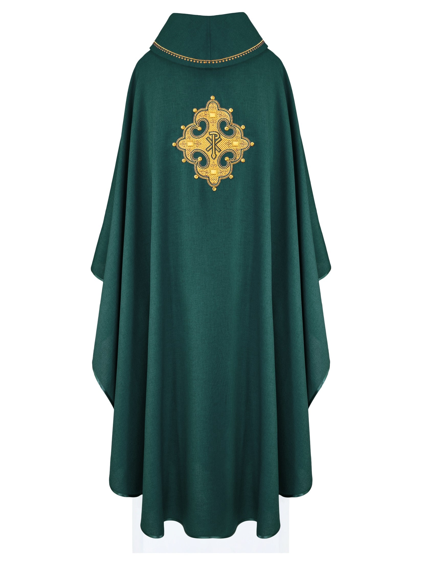 Green chasuble with gold PAX embroidery on chest and delicate embroidery on collar