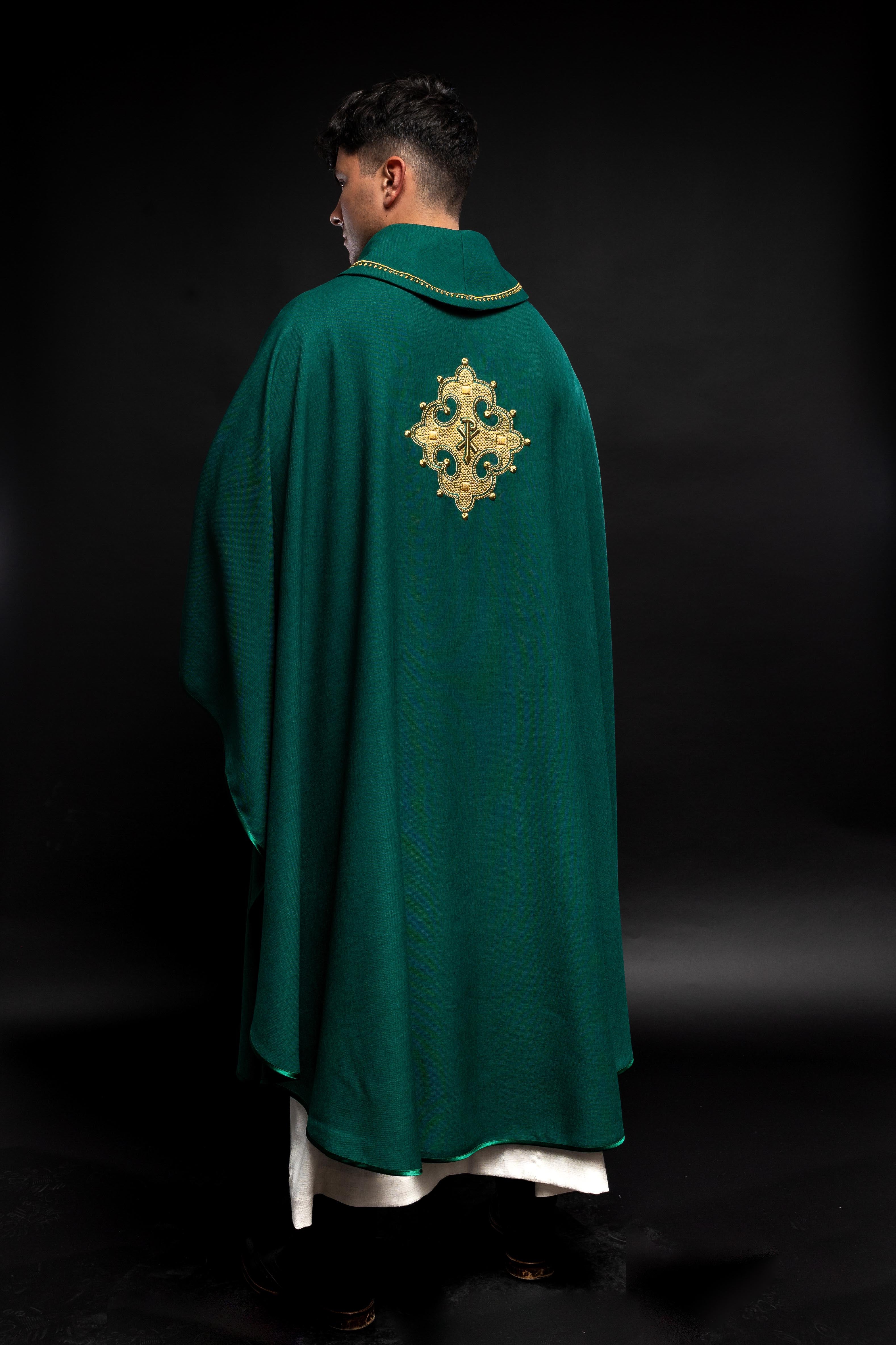 Green chasuble with gold PAX embroidery on chest and delicate embroidery on collar