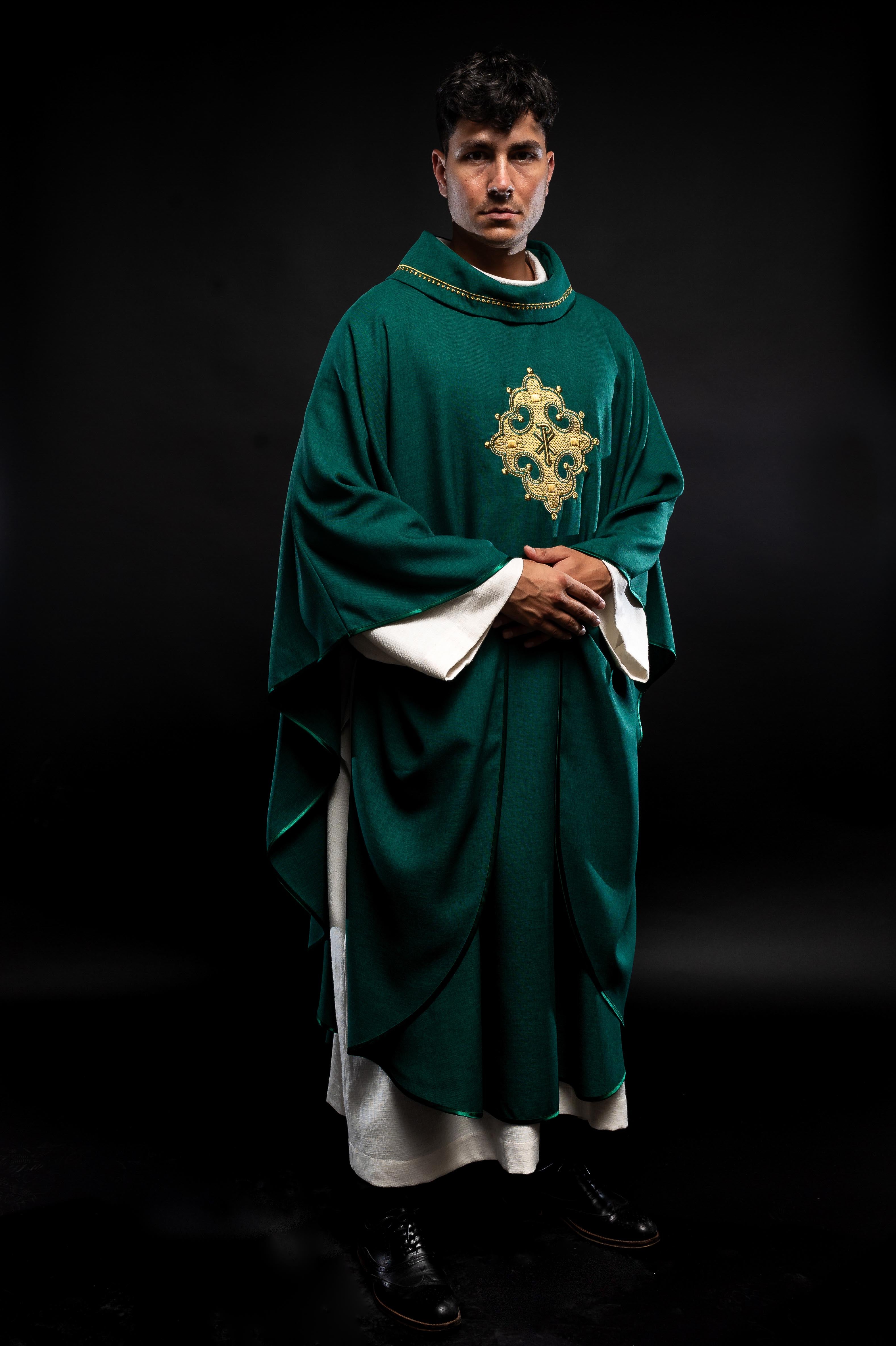 Green chasuble with gold PAX embroidery on chest and delicate embroidery on collar