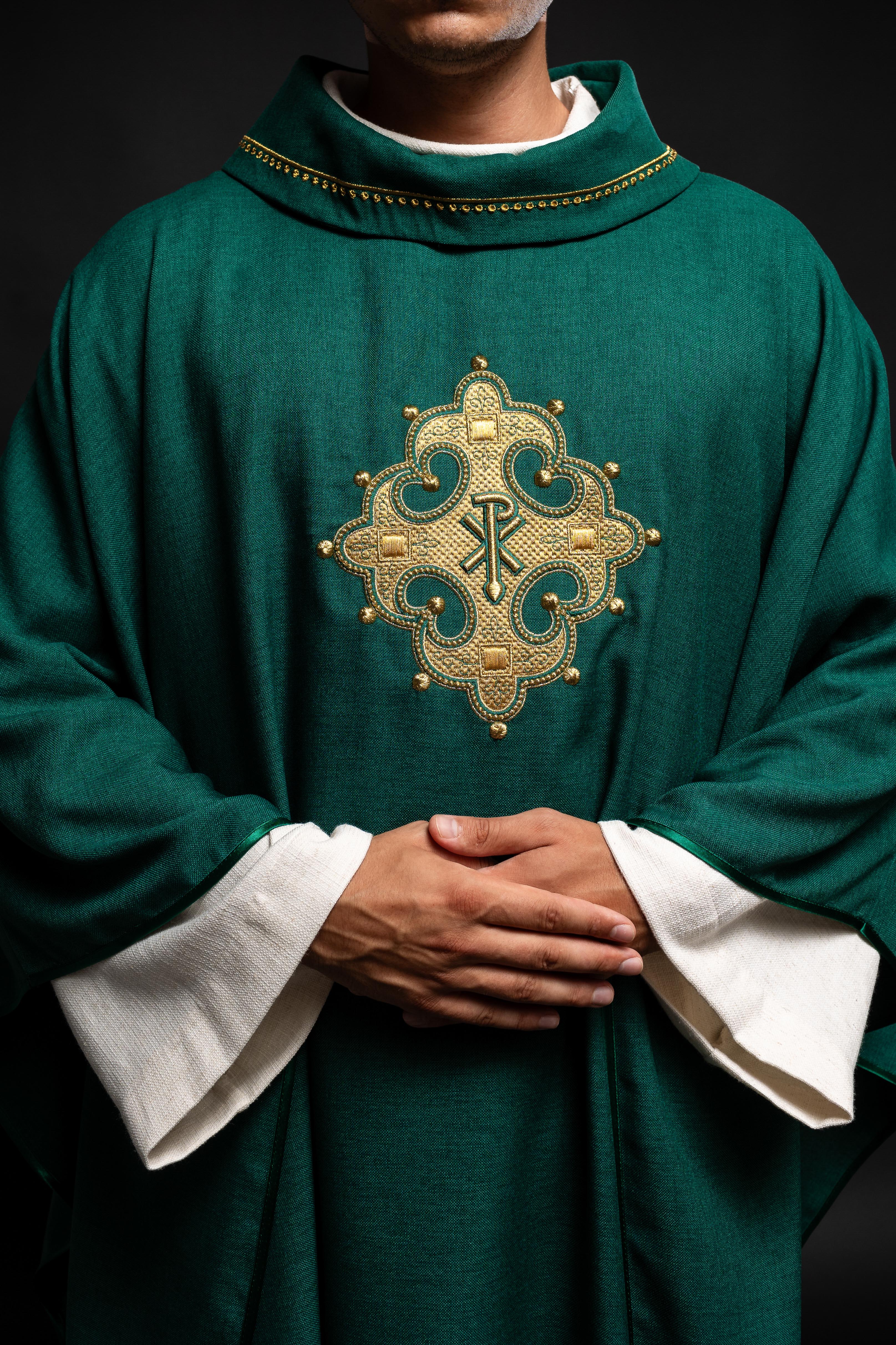 Green chasuble with gold PAX embroidery on chest and delicate embroidery on collar