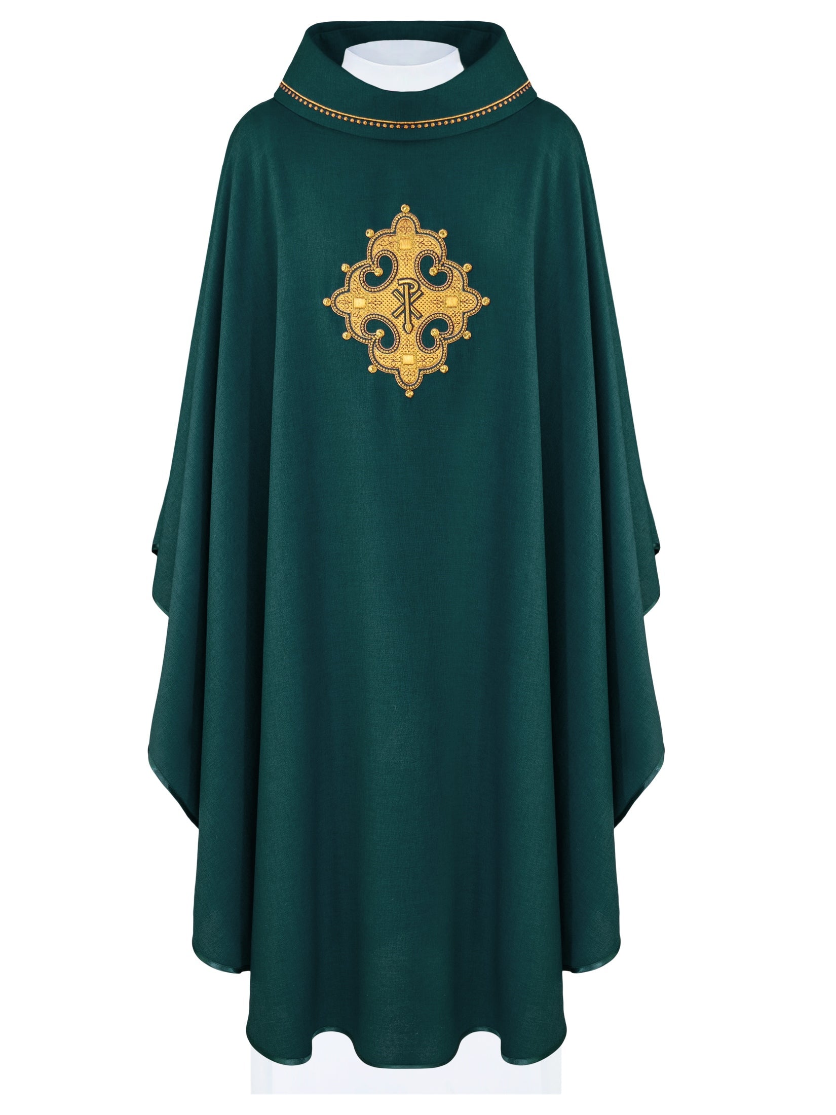 Green chasuble with gold PAX embroidery on chest and delicate embroidery on collar