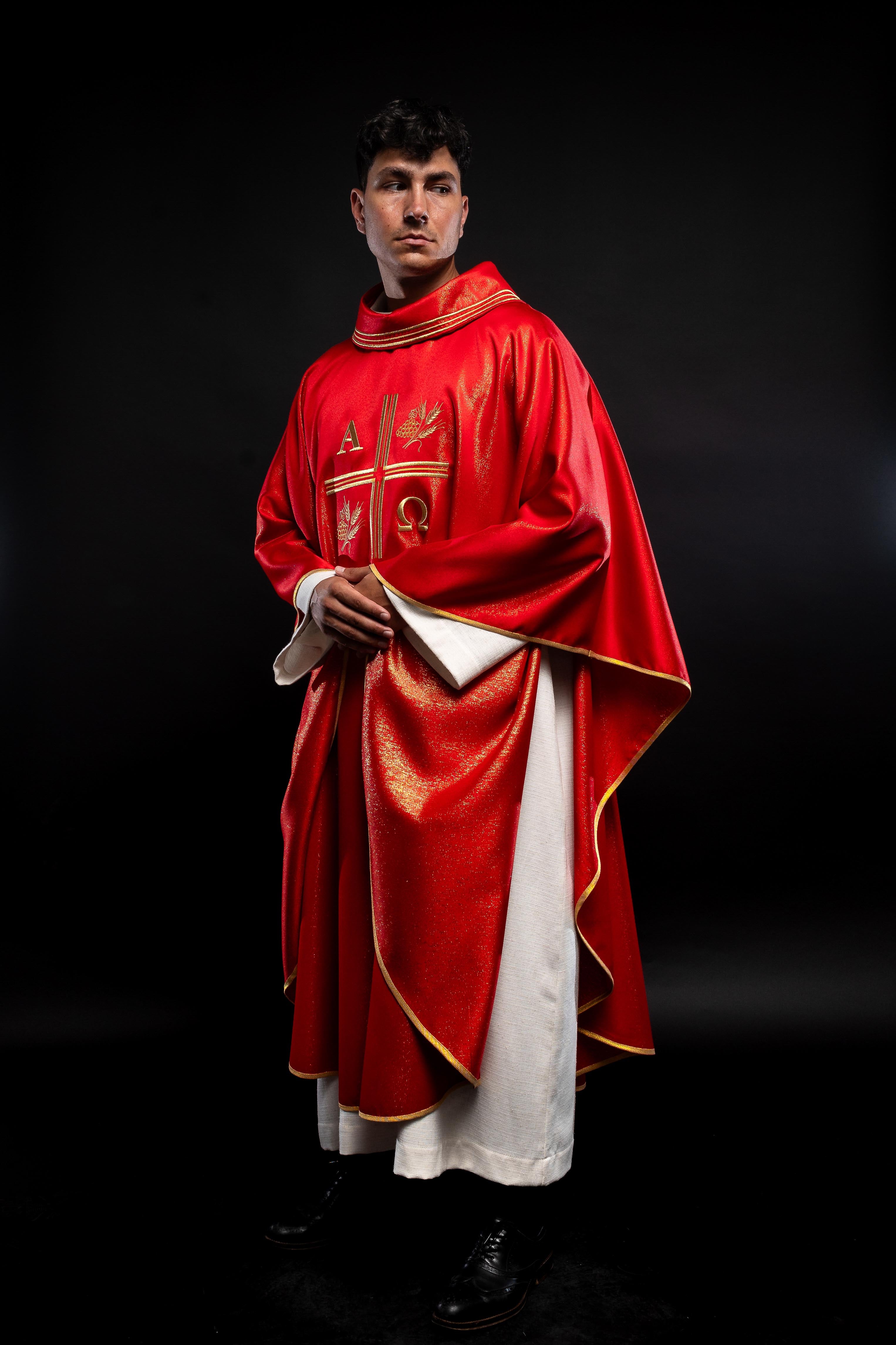 Red chasuble with Alpha and Omega gold embroidery