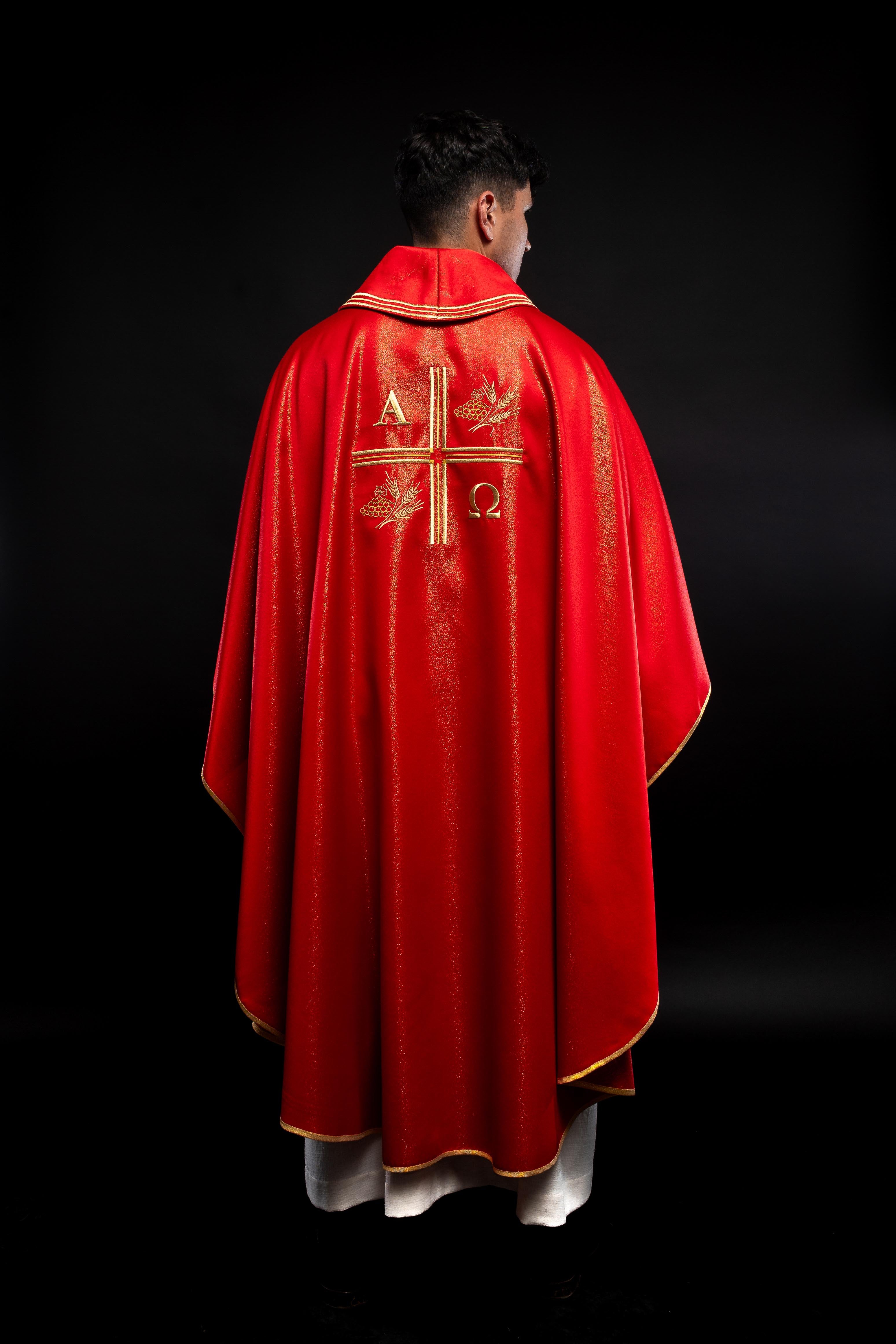 Red chasuble with Alpha and Omega gold embroidery