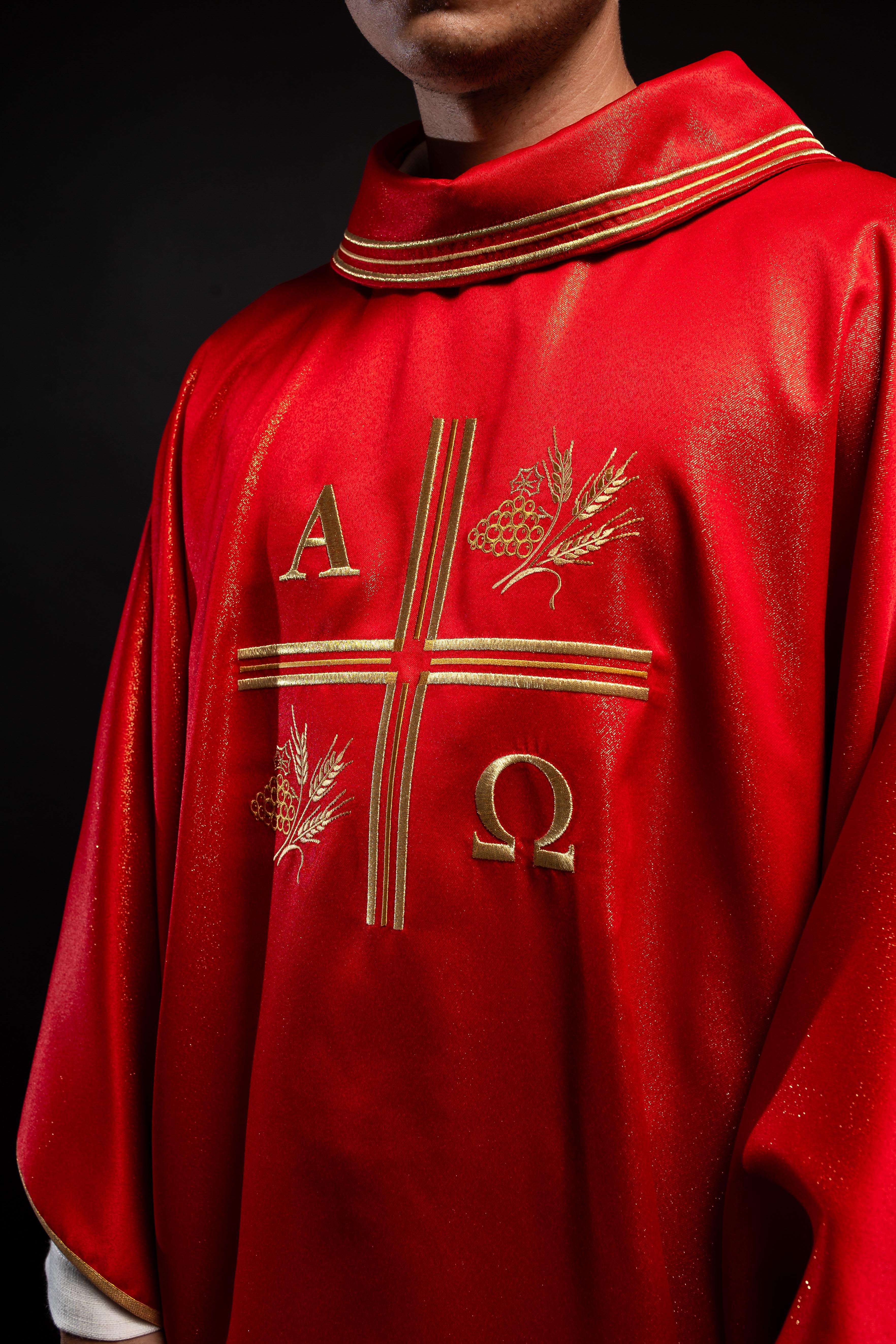 Red chasuble with Alpha and Omega gold embroidery