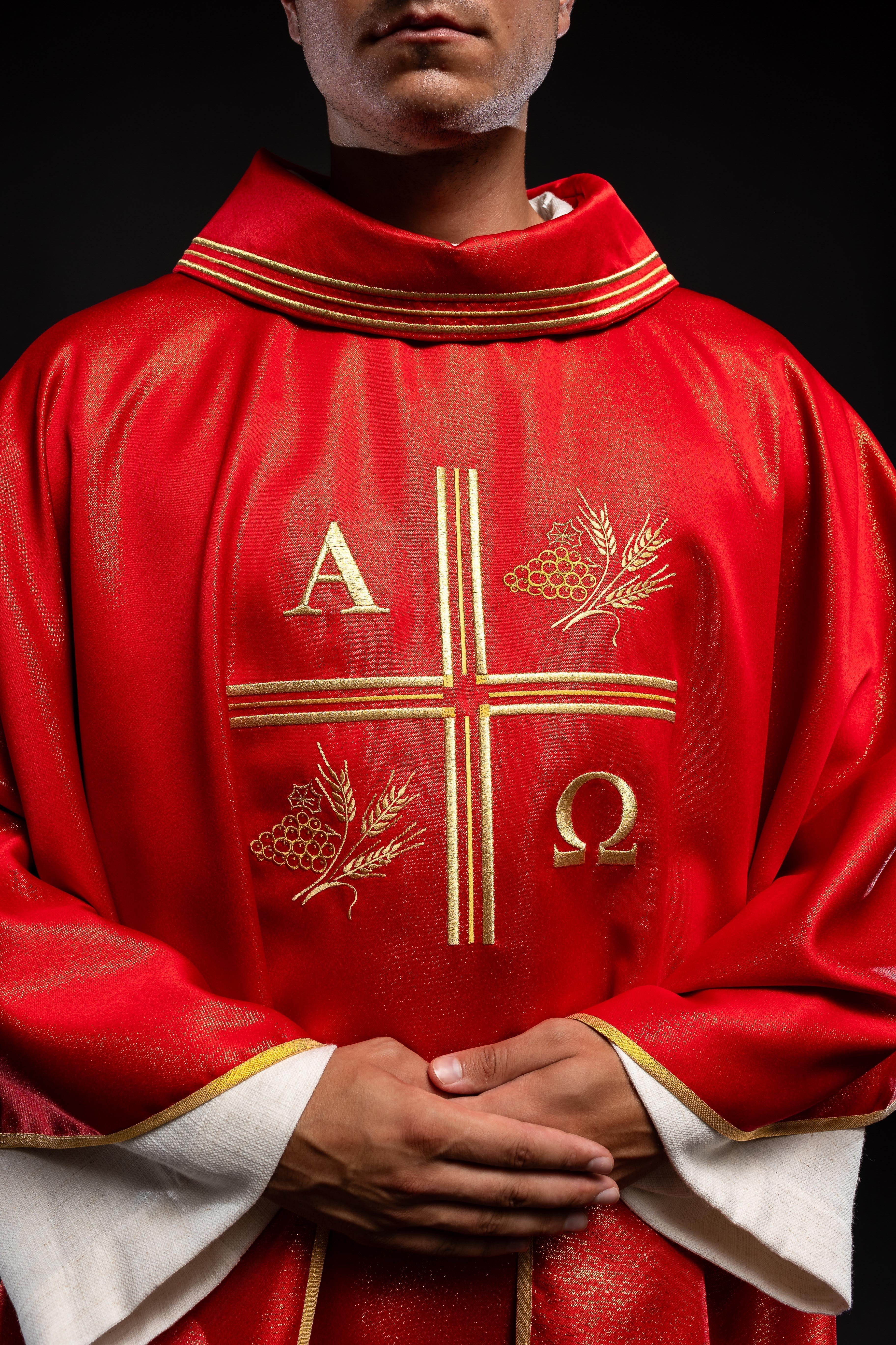 Red chasuble with Alpha and Omega gold embroidery