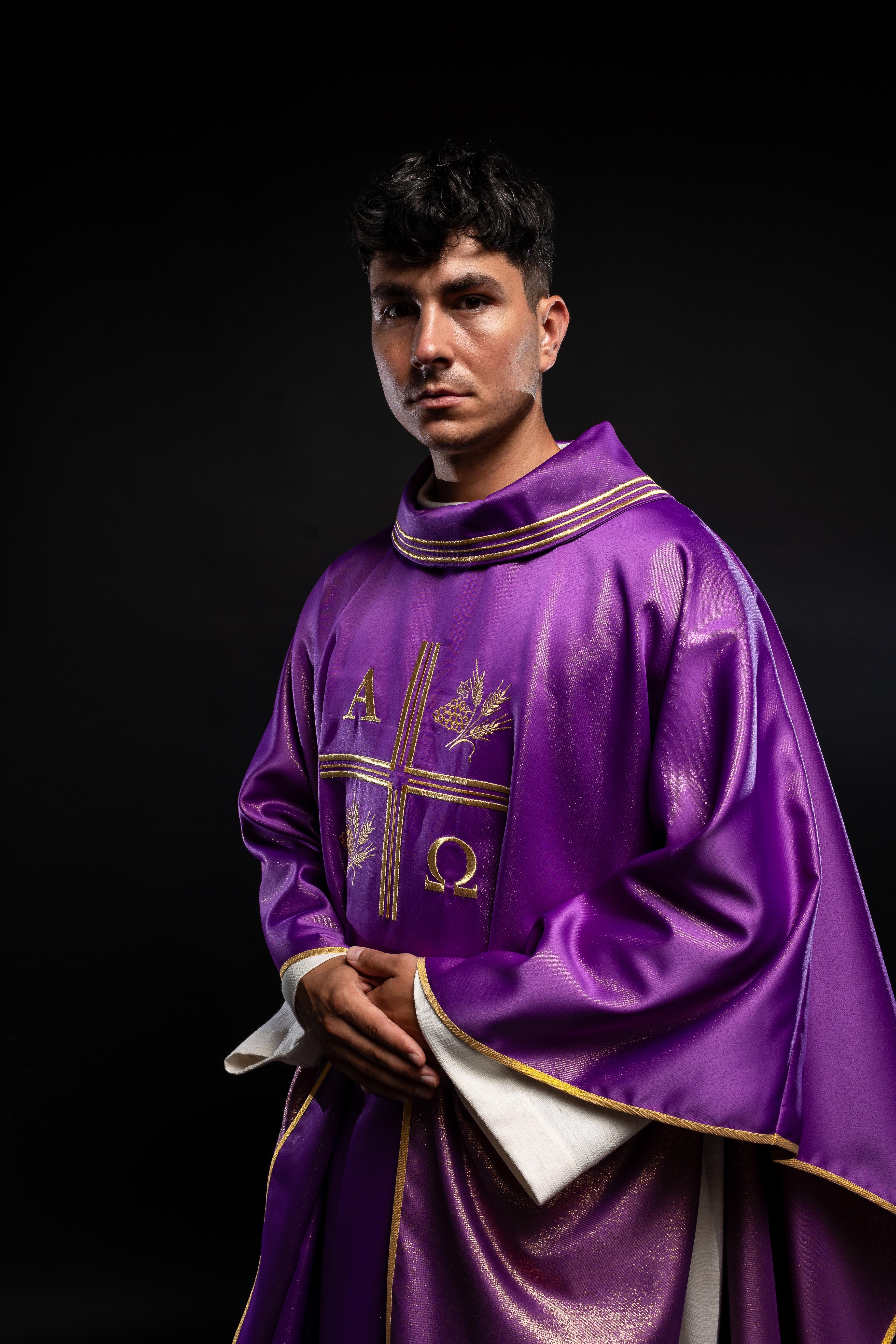 Purple chasuble made of glittery texture with Alpha, Omega, Cross and Wheat motifs