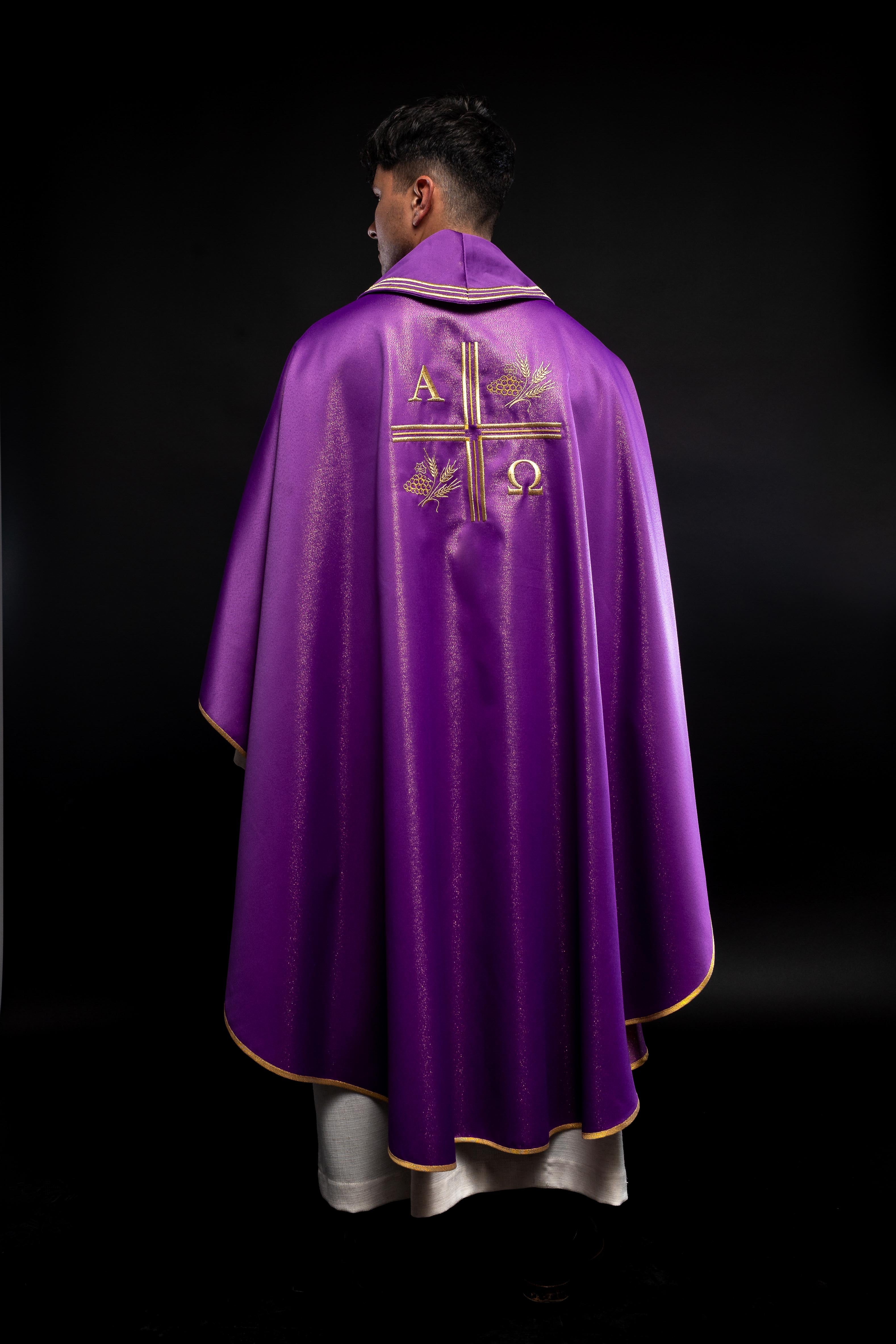 Purple chasuble made of glittery texture with Alpha, Omega, Cross and Wheat motifs