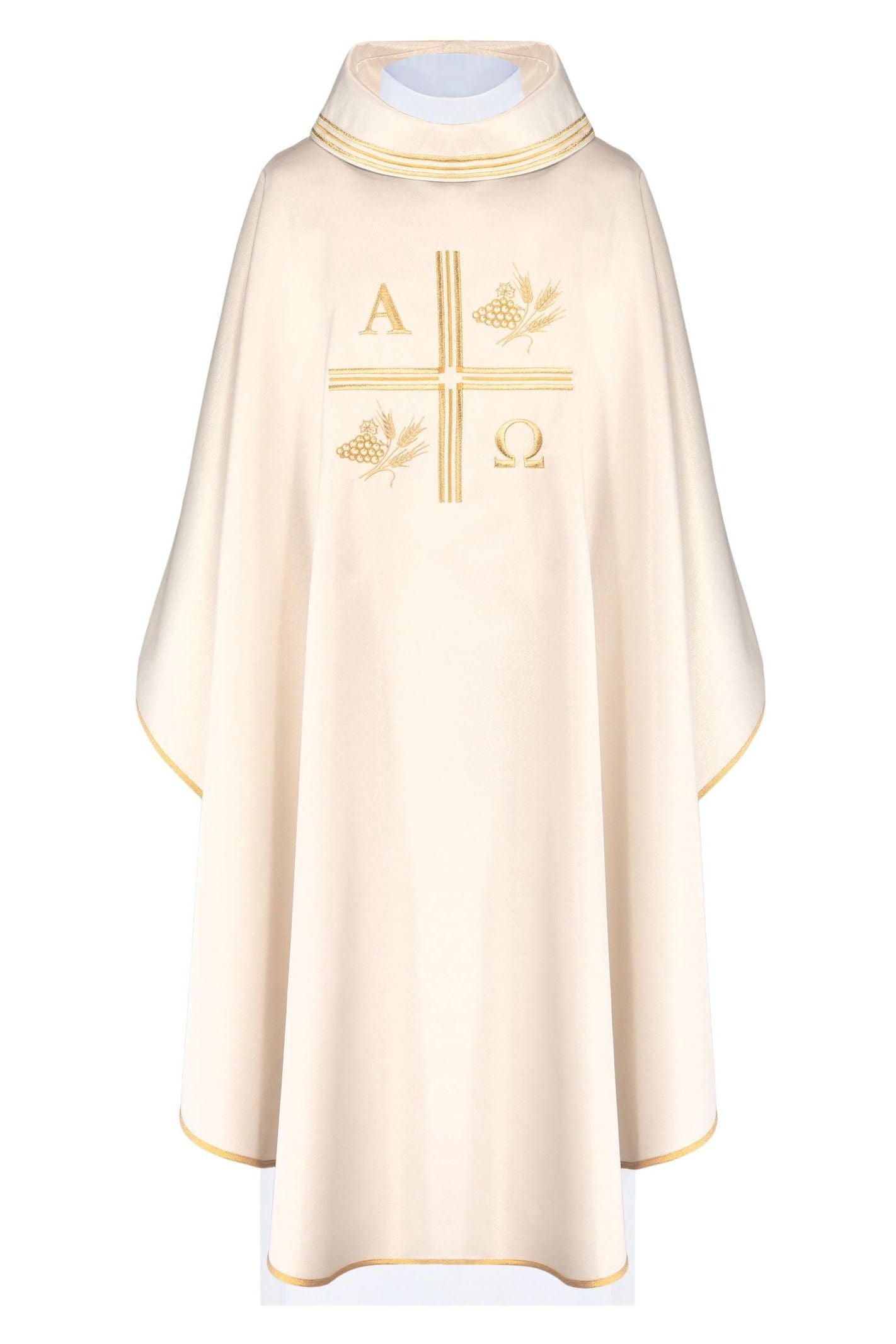 Chasuble with embroidered cross and motifs of Alpha and Omega and ears in ecru color