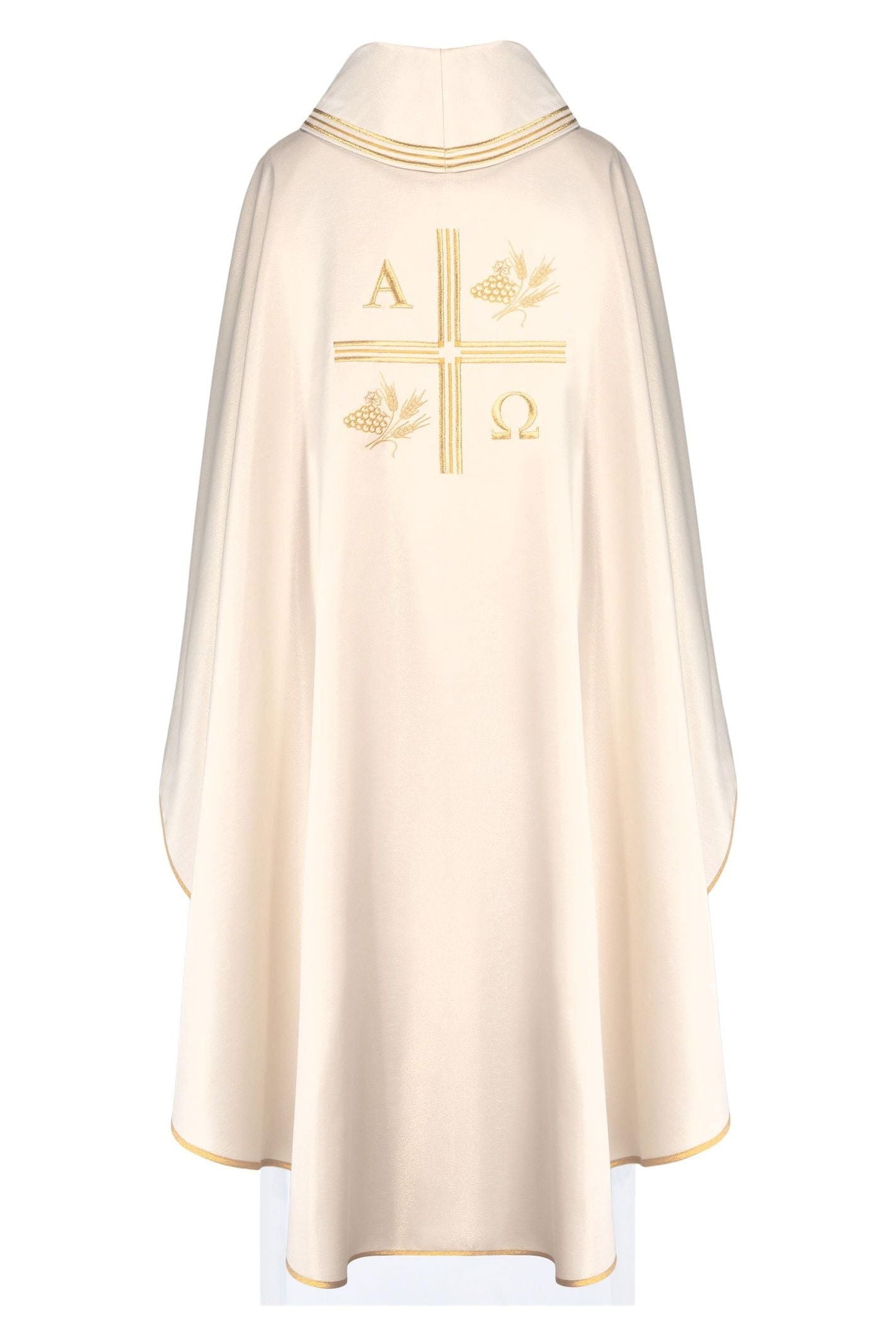 Chasuble with embroidered cross and motifs of Alpha and Omega and ears in ecru color