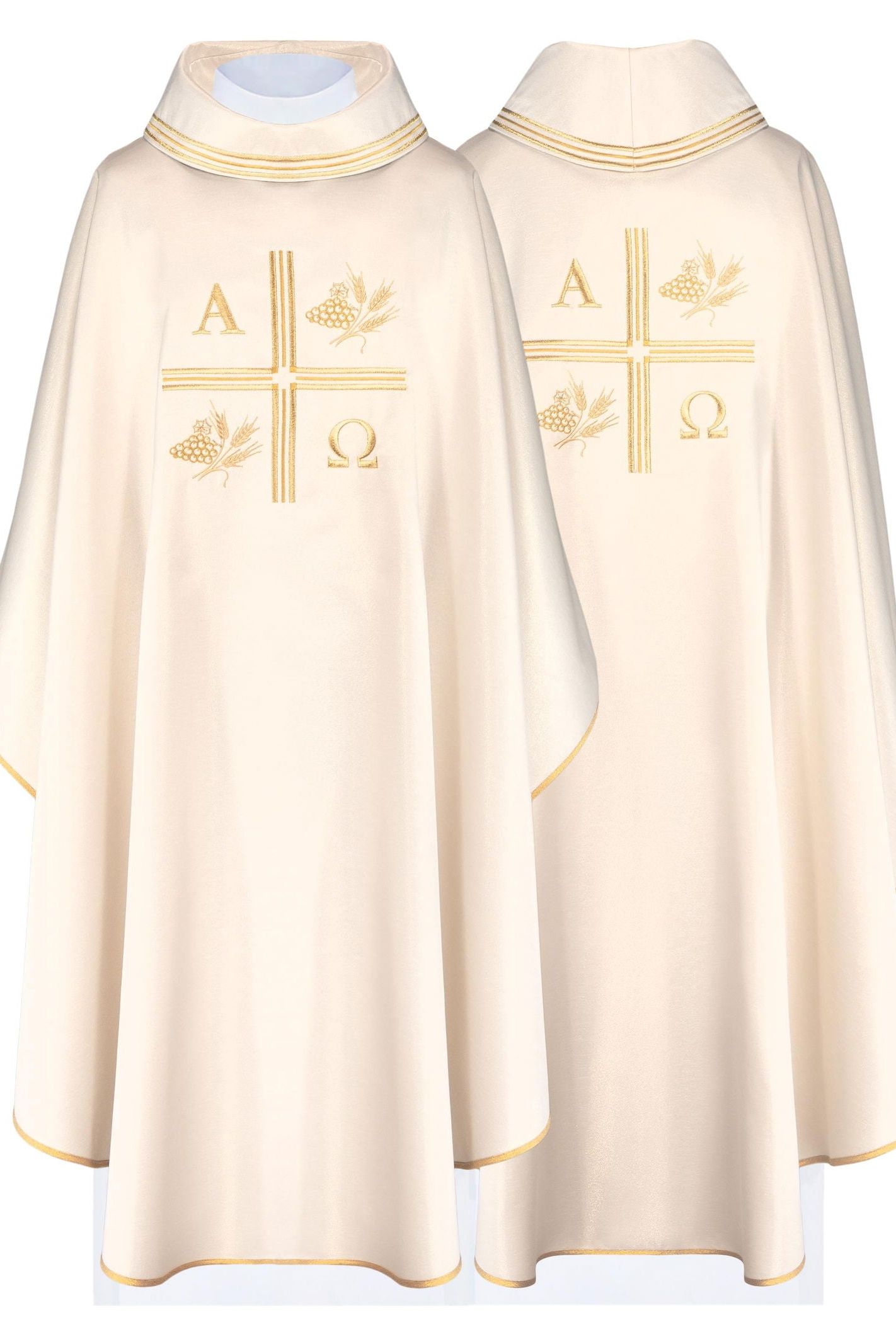 Chasuble with embroidered cross and motifs of Alpha and Omega and ears in ecru color