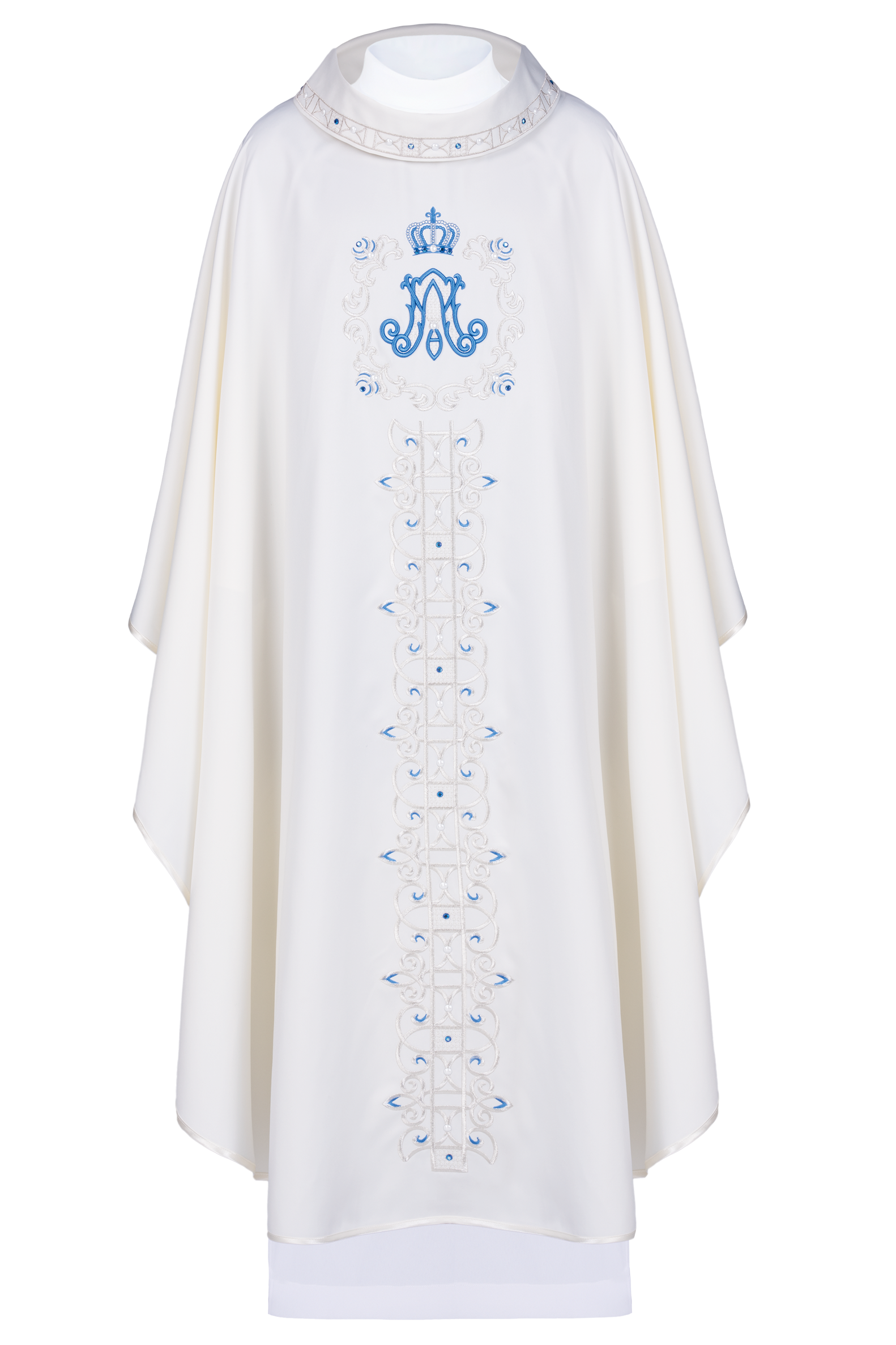 Ivory colored Marian chasuble finished with blue stones