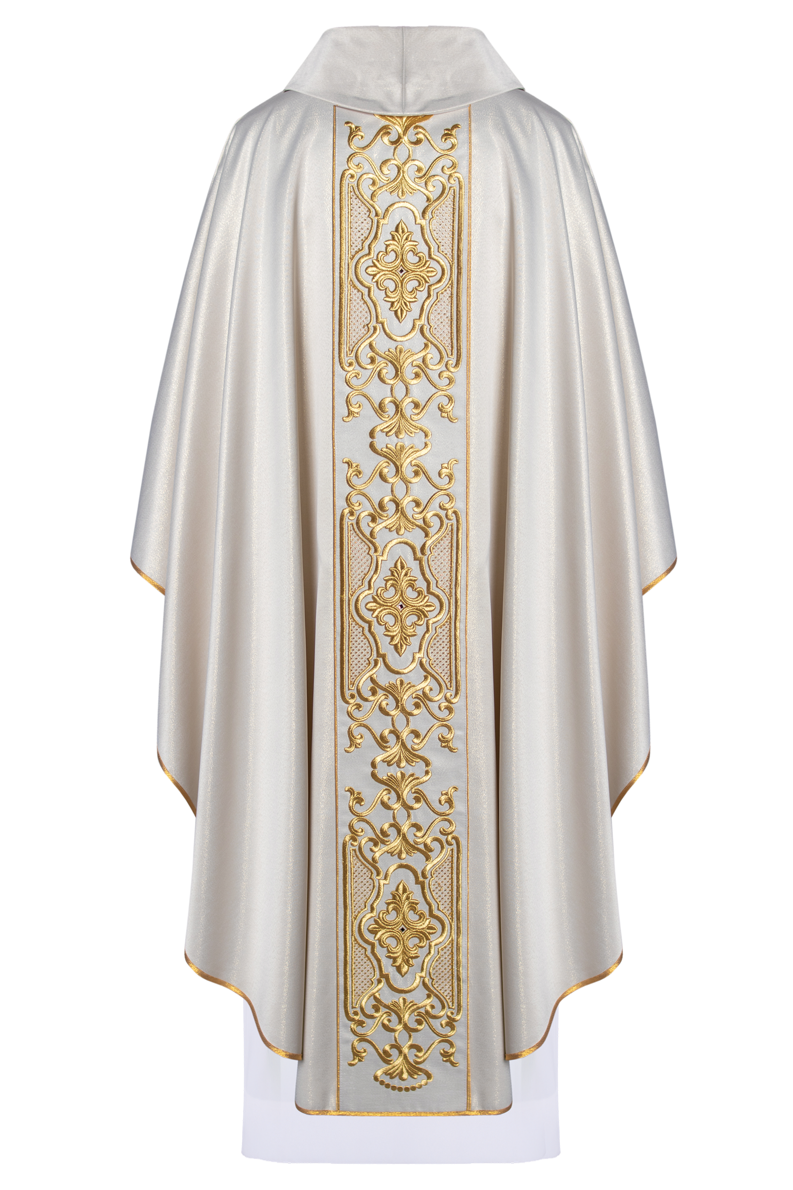 Chasuble made of shiny fabric with rich gold embroidery at the waist