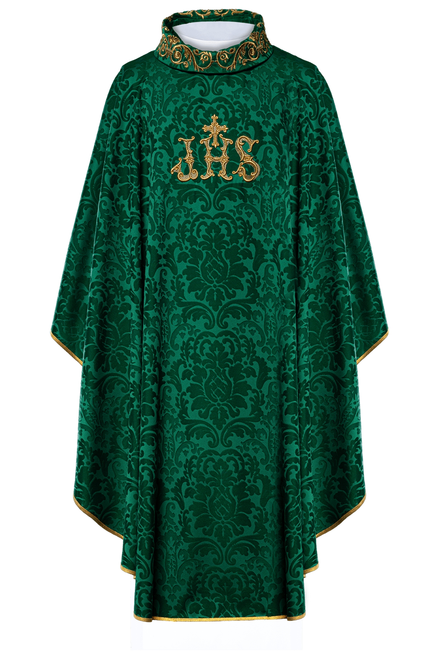 Green chasuble with IHS motif and richly embroidered collar on decorative fabric