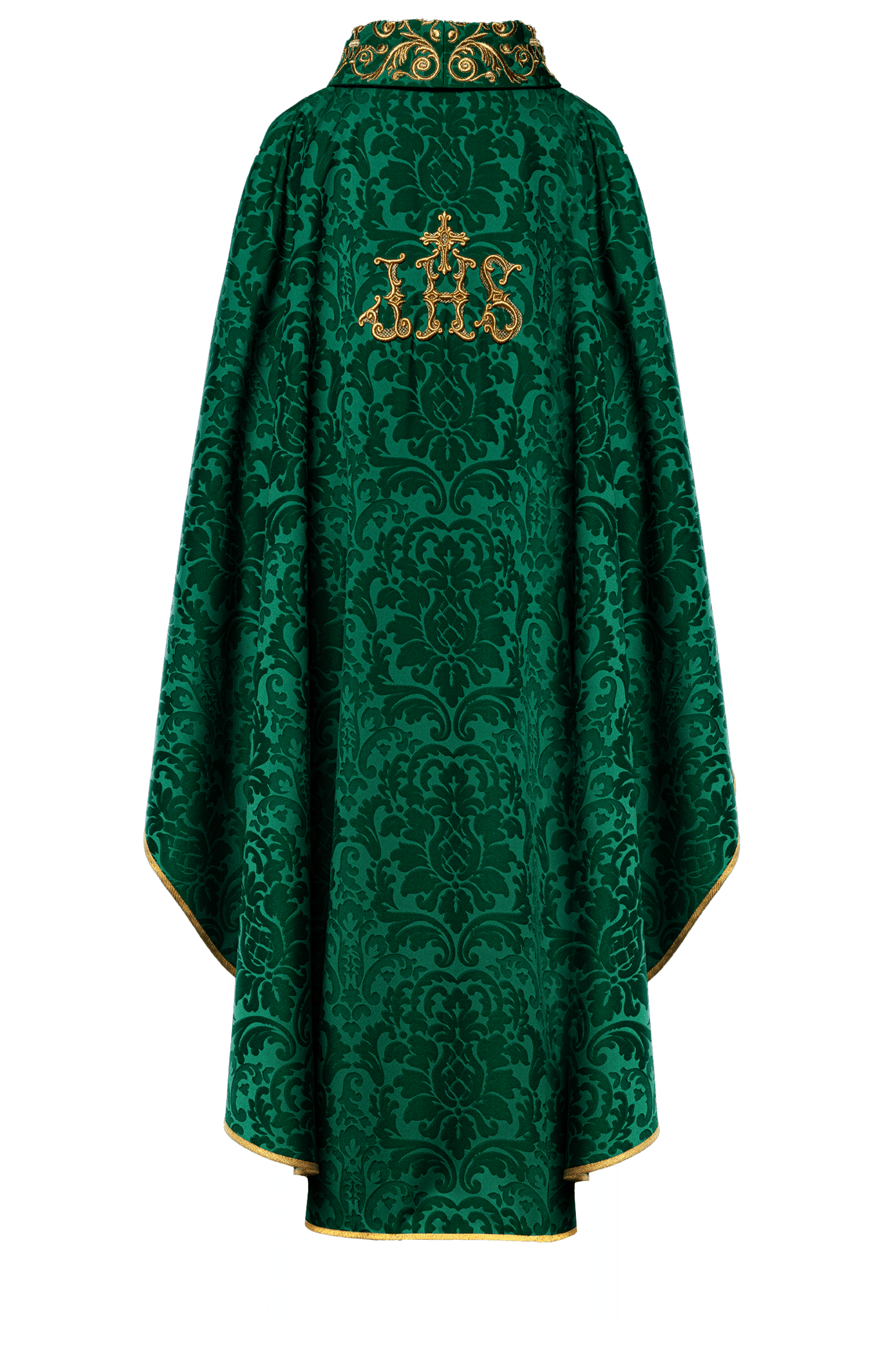 Green chasuble with IHS motif and richly embroidered collar on decorative fabric