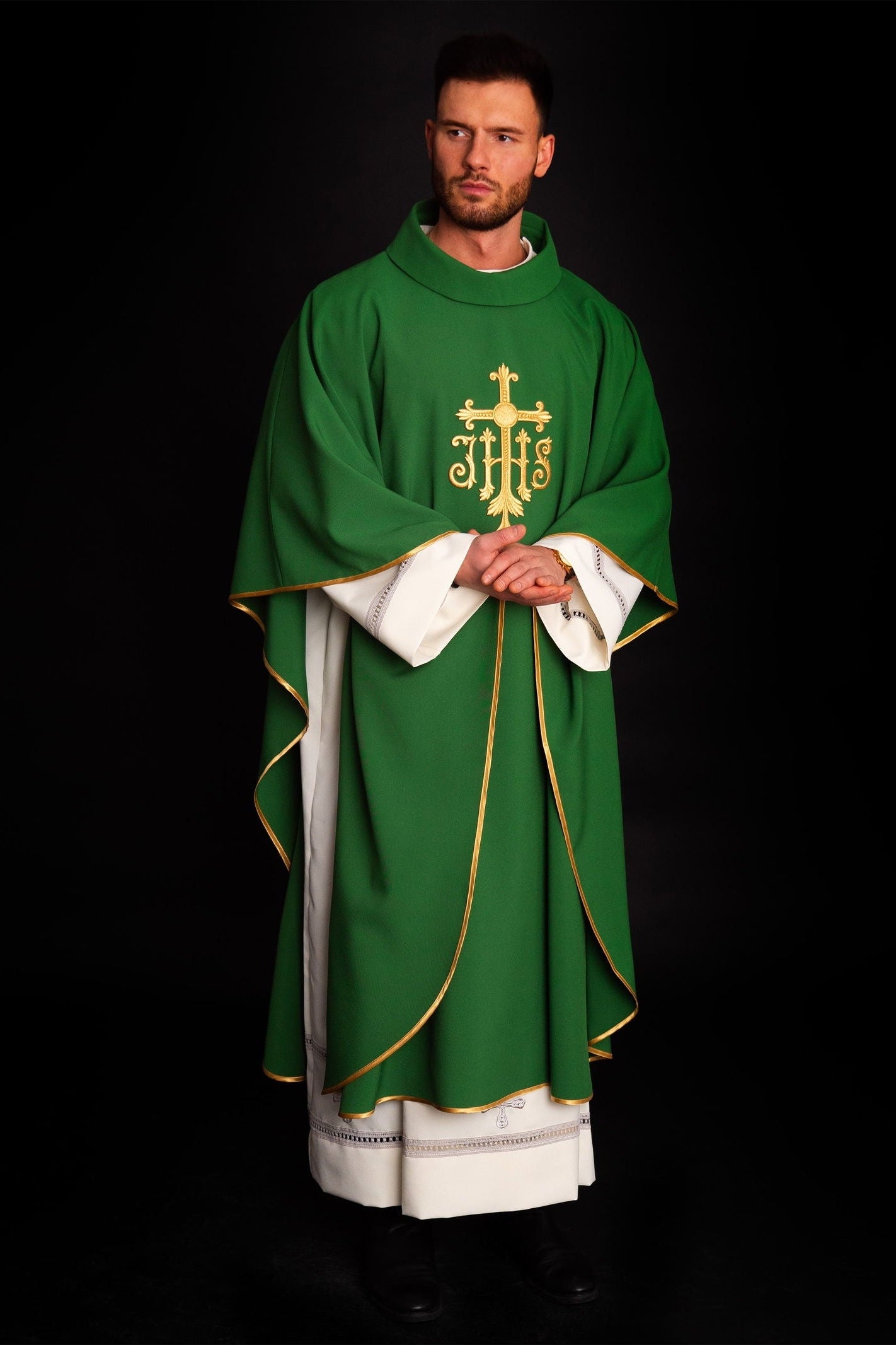 Chasuble embroidered with IHS symbol in green