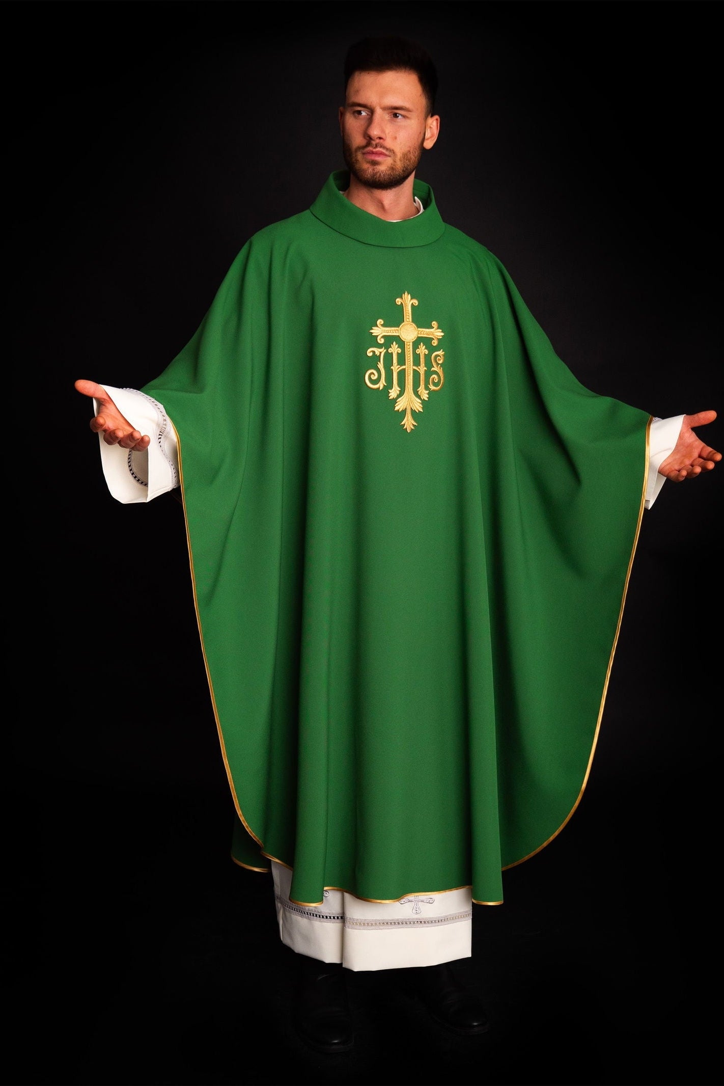 Chasuble embroidered with IHS symbol in green