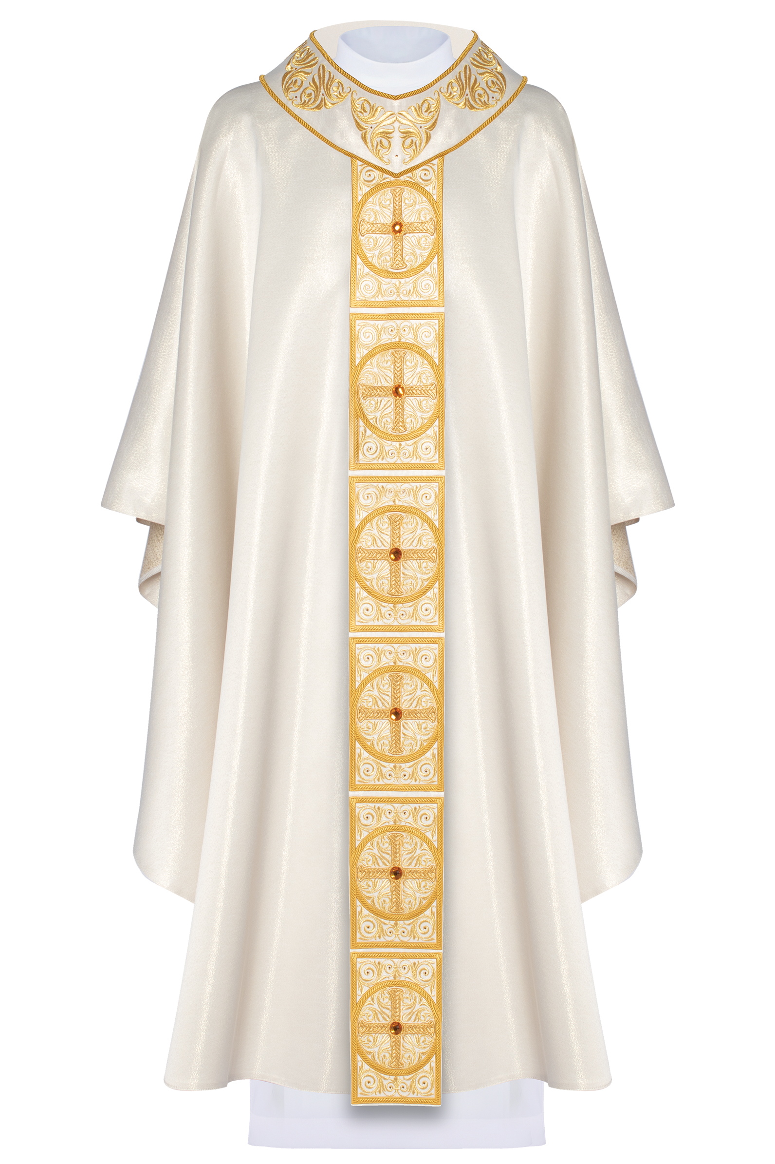 Gold Chasuble richly embroidered and decorated with ecru stones