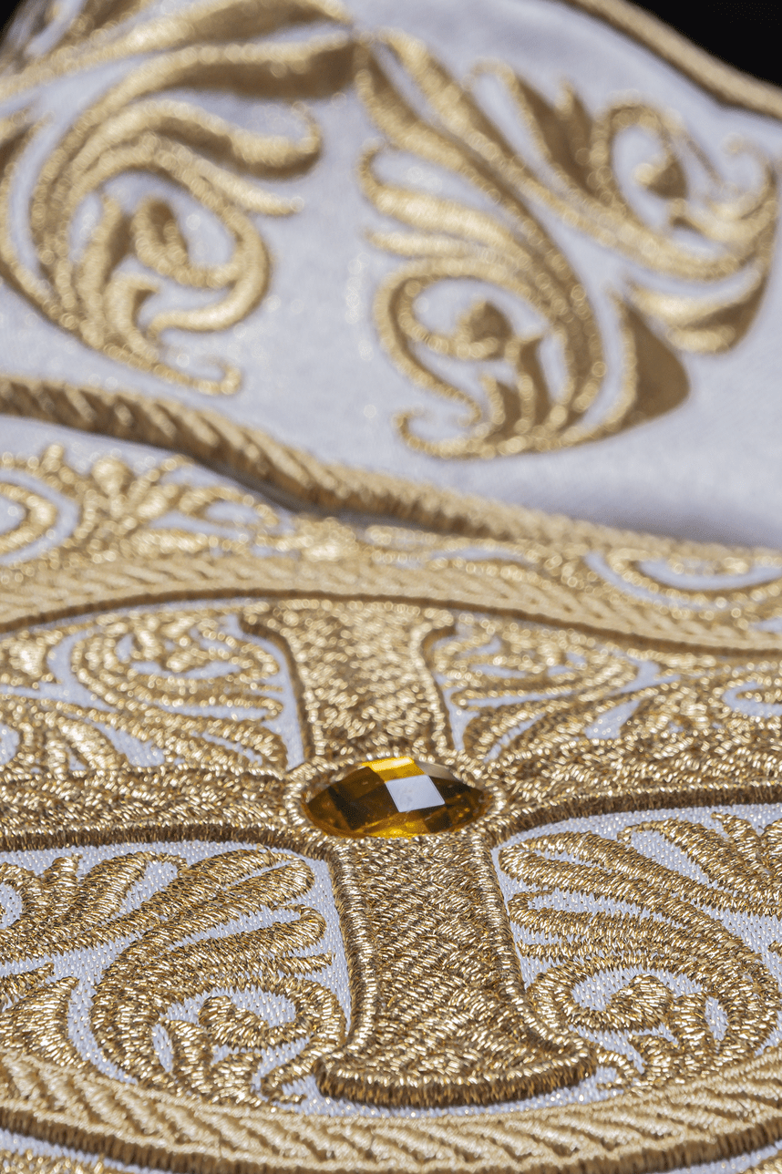 Gold Chasuble richly embroidered and decorated with ecru stones