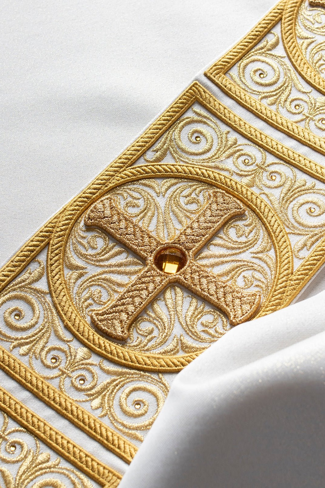 Gold Chasuble richly embroidered and decorated with ecru stones