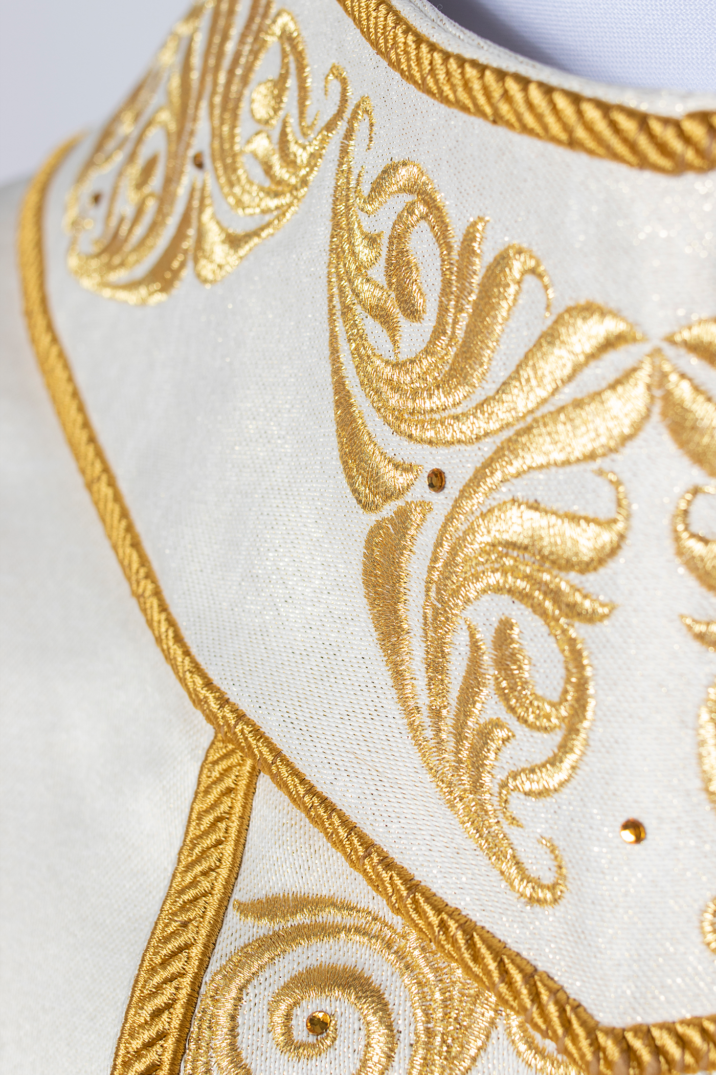 Gold Chasuble richly embroidered and decorated with ecru stones