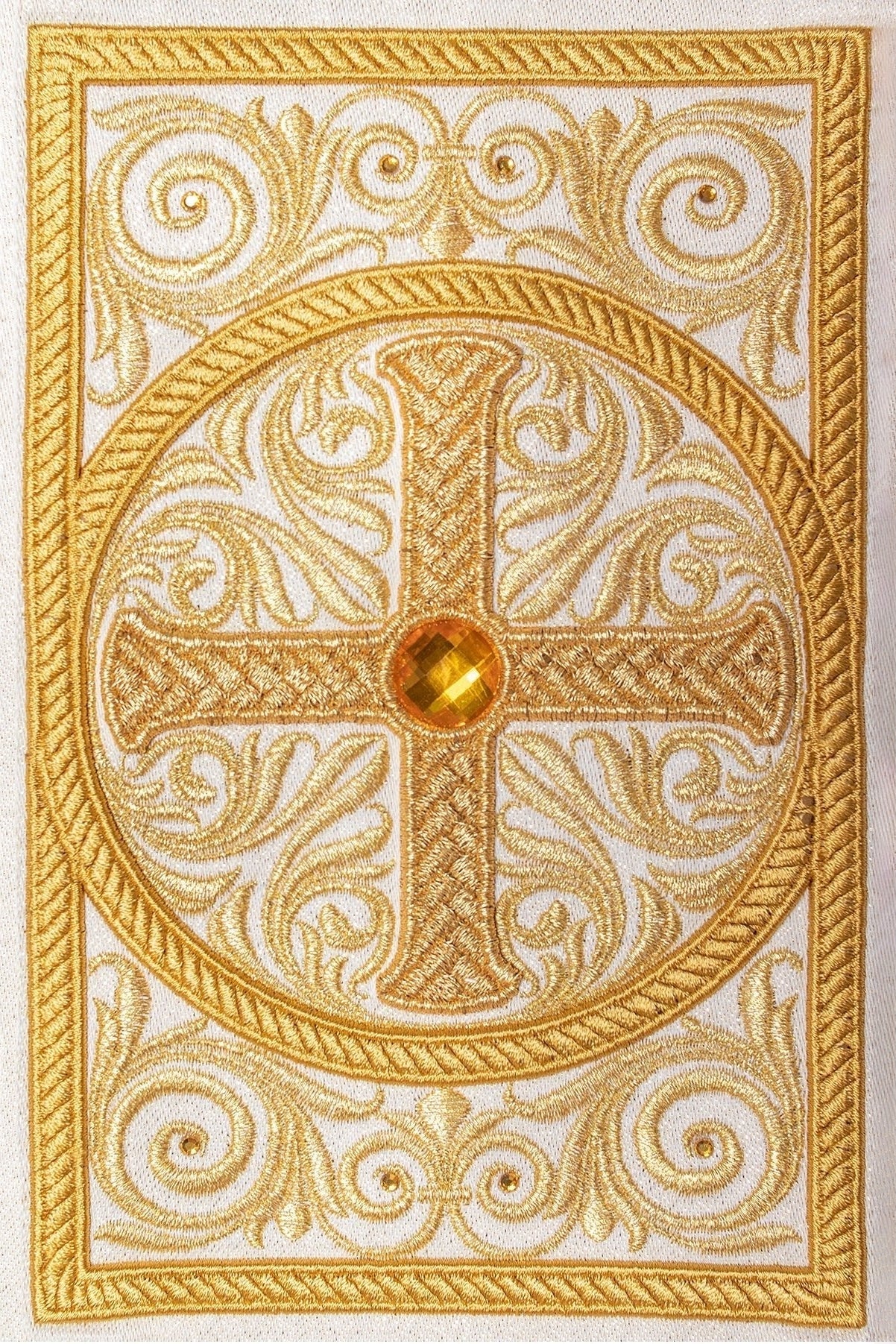 Gold Chasuble richly embroidered and decorated with ecru stones