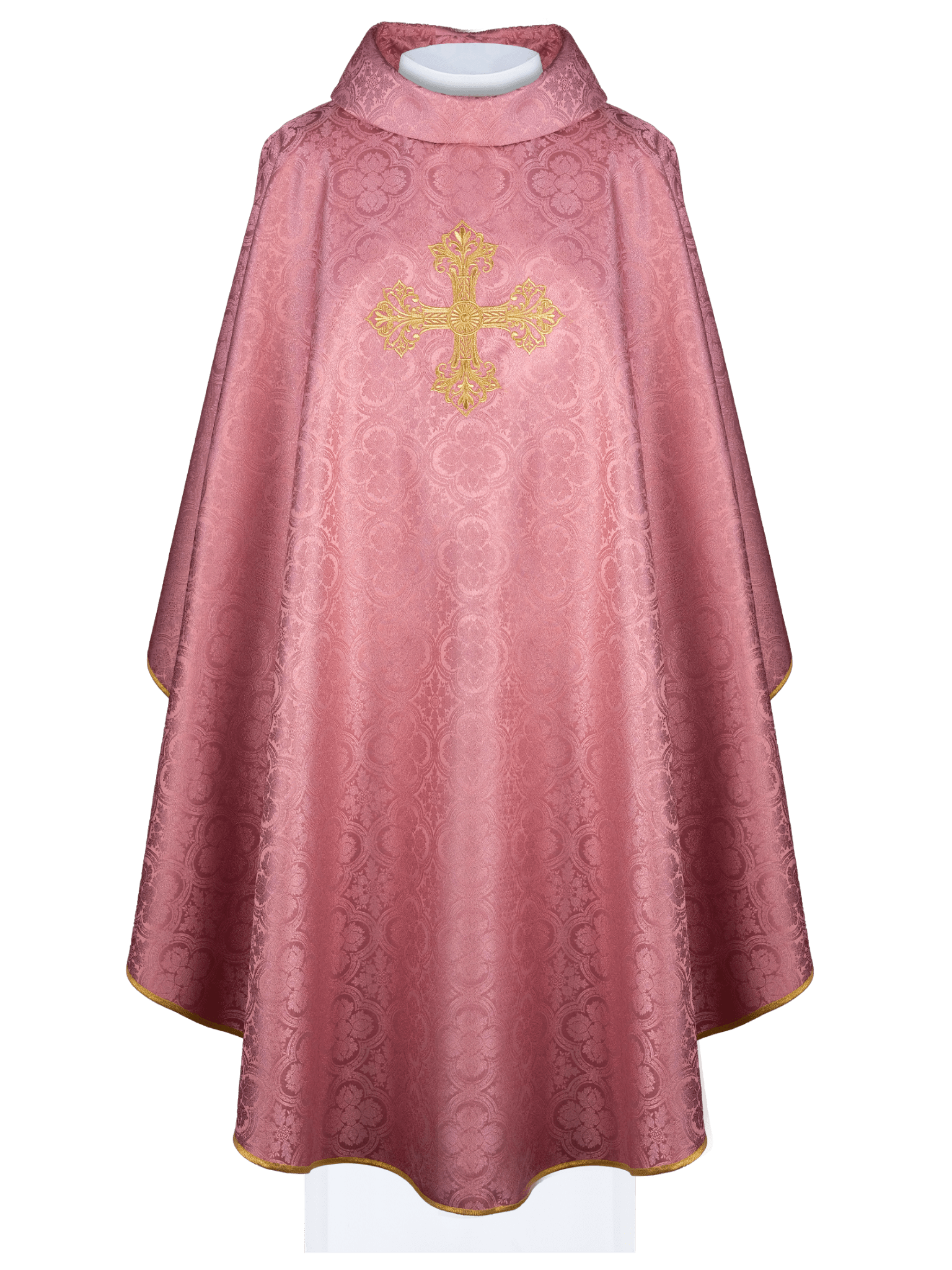 Pink chasuble with a cross made of patterned fabric KOR/403/08/11 - HAFTINAUSA.COM