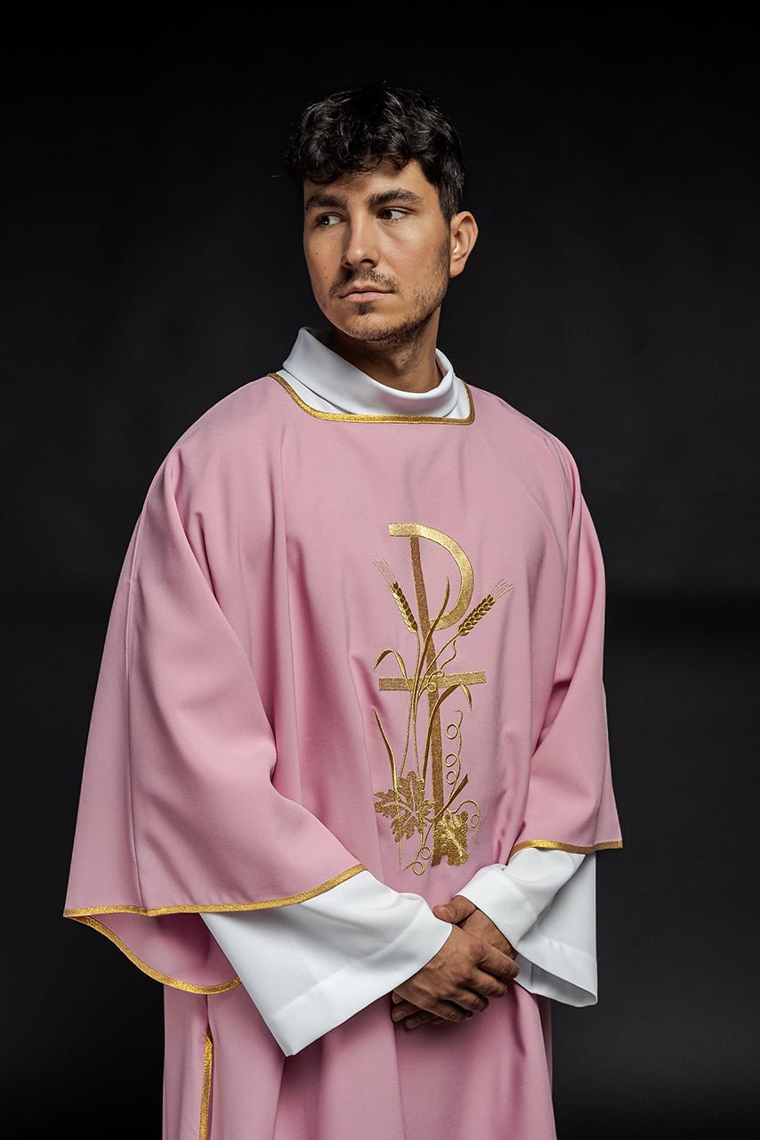 Pink dalmatic with gold Pax cross embroidery KDL/026/08/12/D - HAFTINAUSA.COM