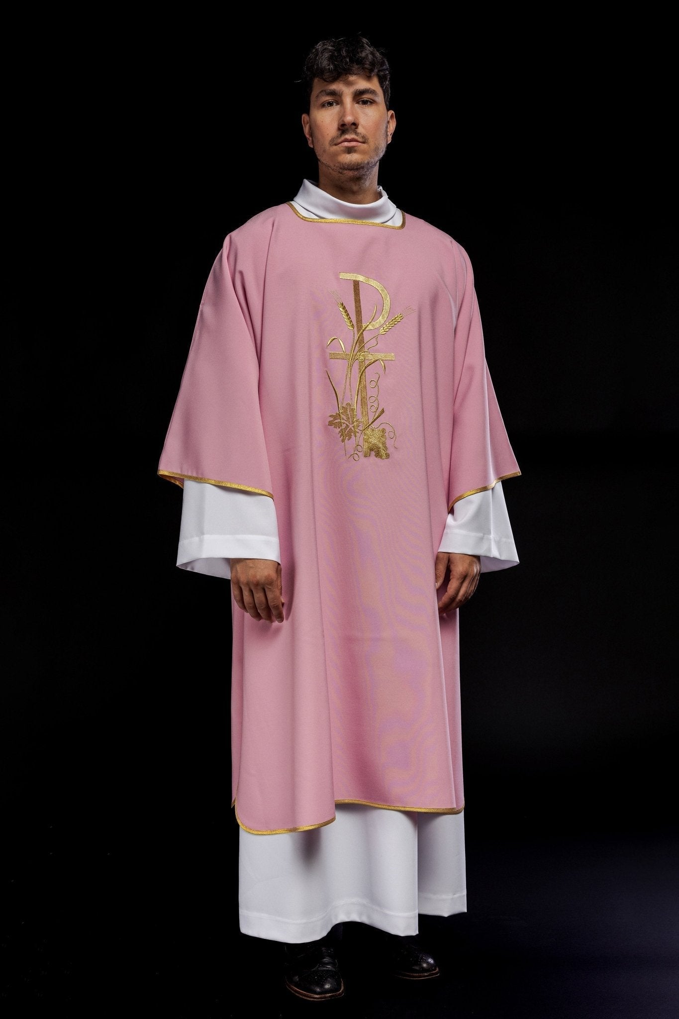 Pink dalmatic with gold Pax cross embroidery KDL/026/08/12/D - HAFTINAUSA.COM