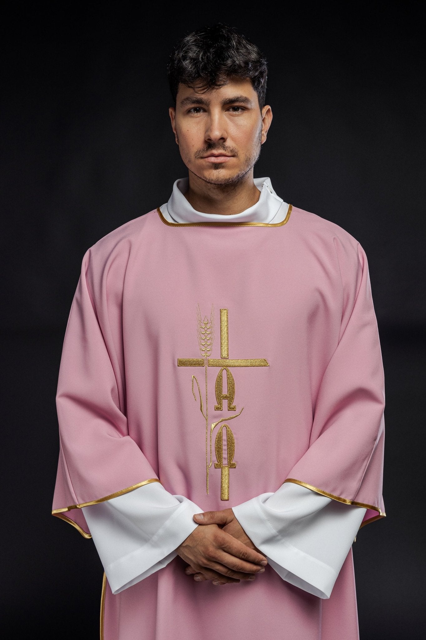 Pink deacon dalmatic with Alpha Omega embroidery KDL/013/08/12/D - HAFTINAUSA.COM