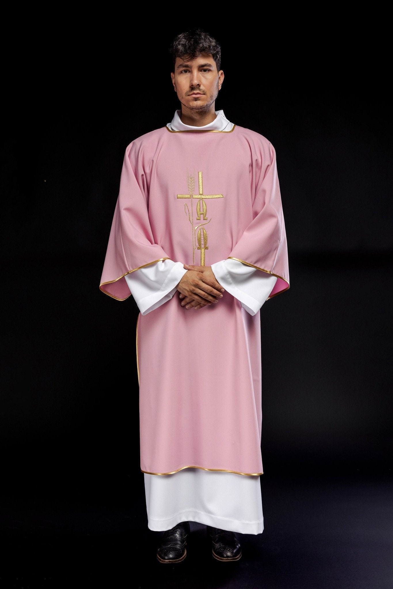 Pink deacon dalmatic with Alpha Omega embroidery KDL/013/08/12/D - HAFTINAUSA.COM