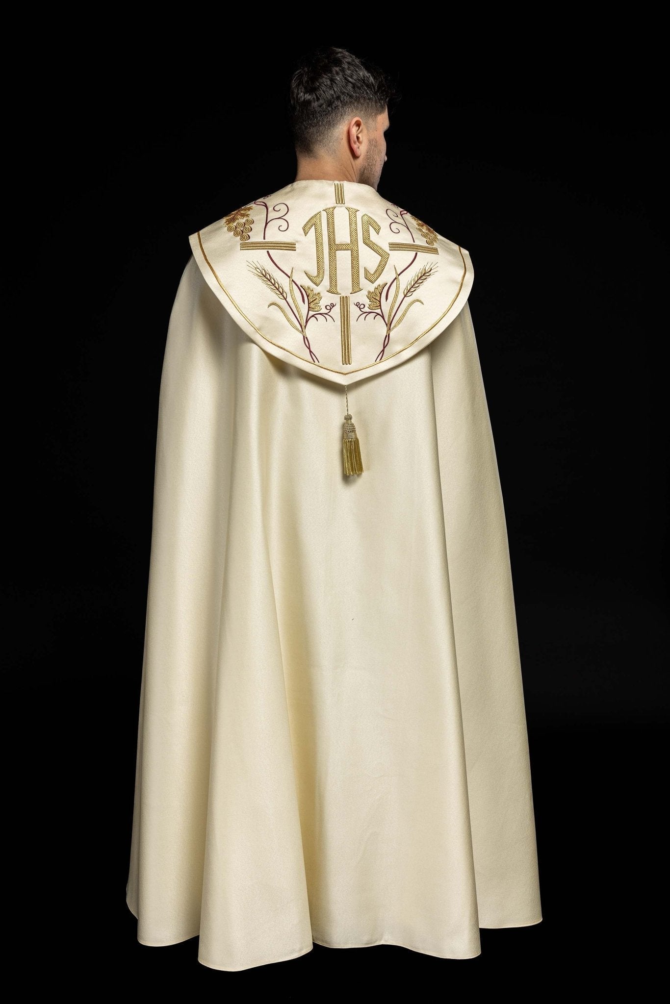 Priest cope with IHS and grapes gold embroidery KKP/001/05/20 ECRU SAT.POMPON 150cm - HAFTINAUSA.COM