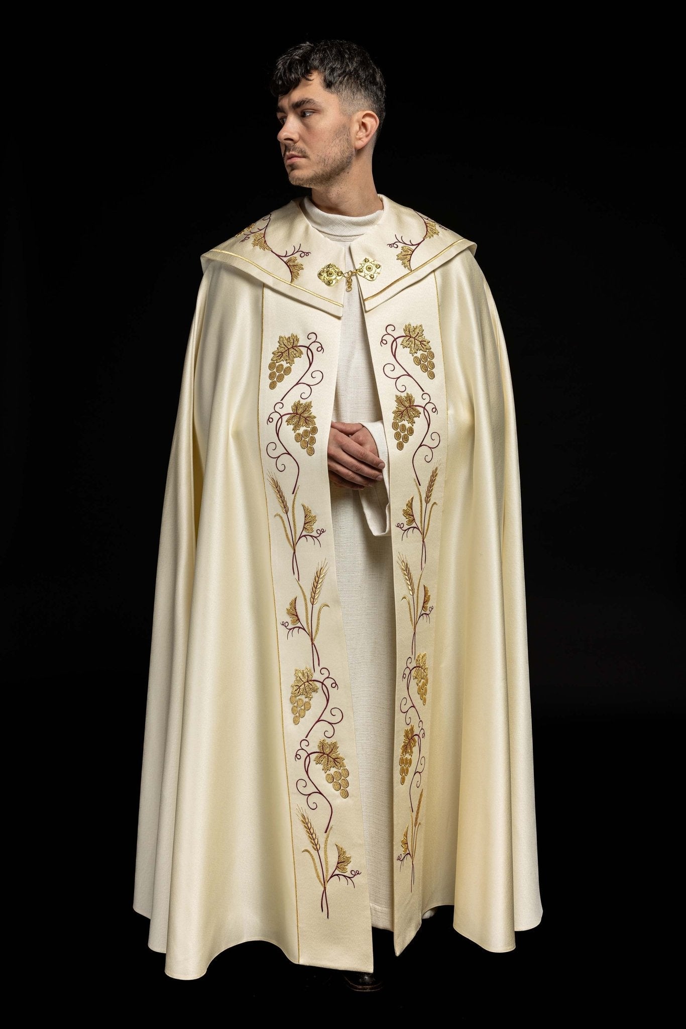Priest cope with IHS and grapes gold embroidery KKP/001/05/20 ECRU SAT.POMPON 150cm - HAFTINAUSA.COM