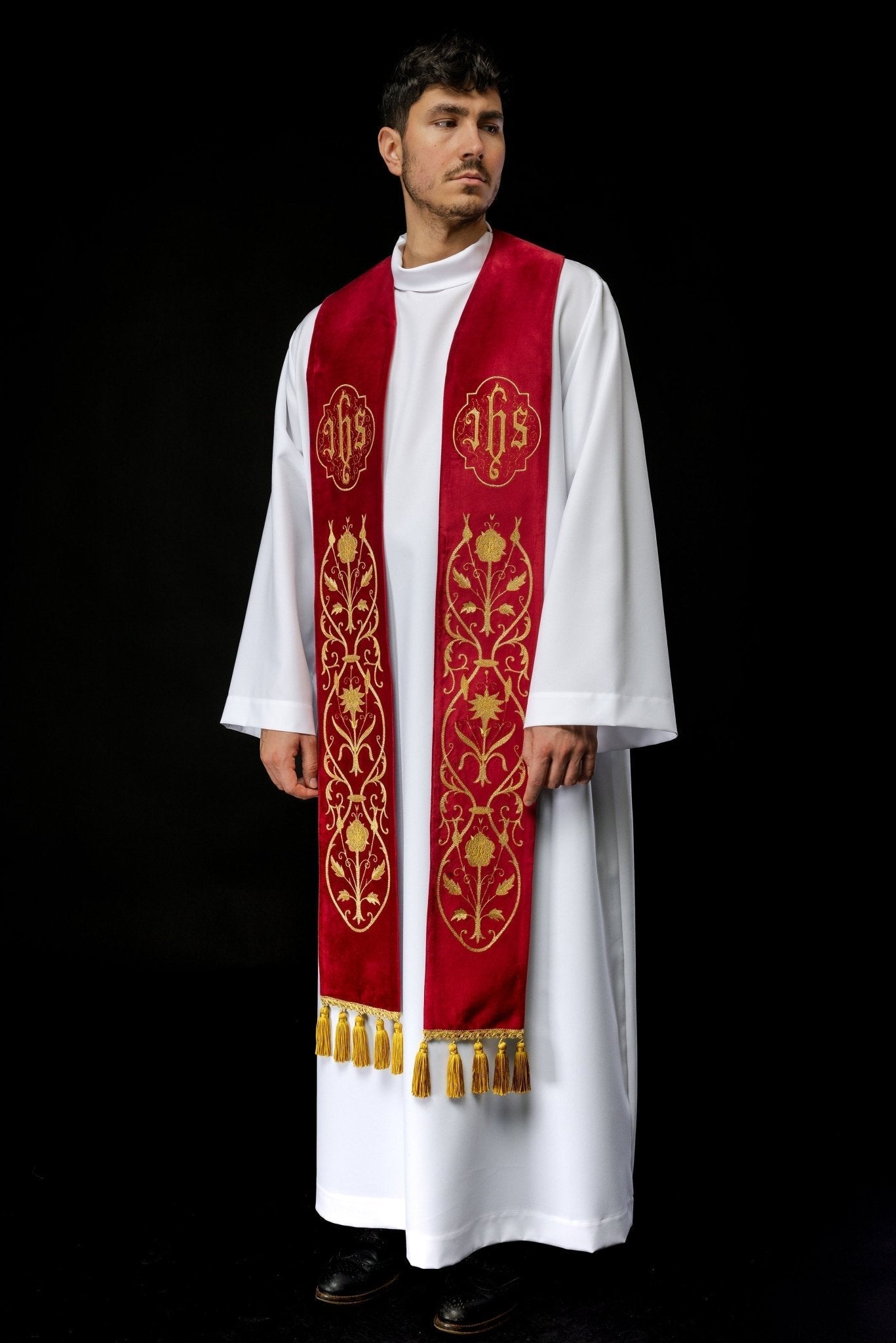 Priest stole in red with gold JHS and tassels S - 2052 - 02 - 76 - HAFTINAUSA.COM