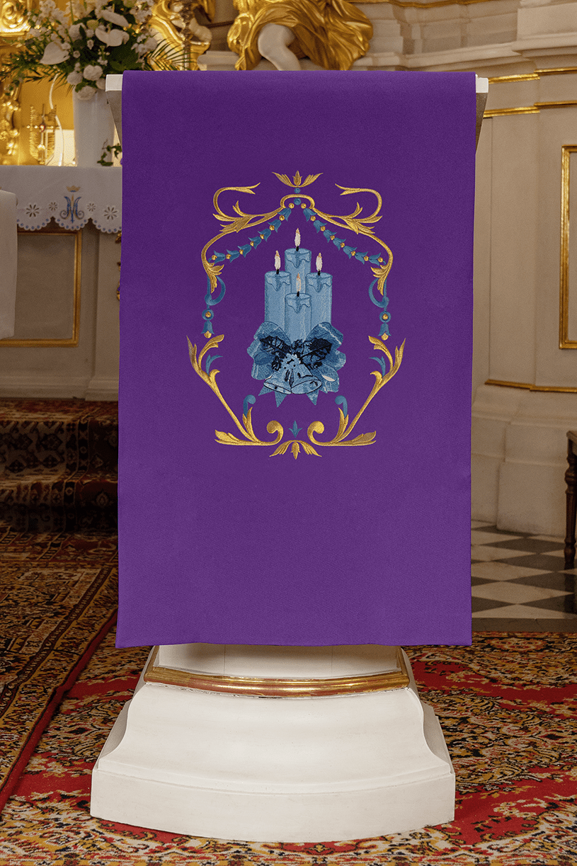 Purple advent lectern cover embroidered with Candle motifs KMO/019/03/01 FIOLET 55*250 - HAFTINAUSA.COM