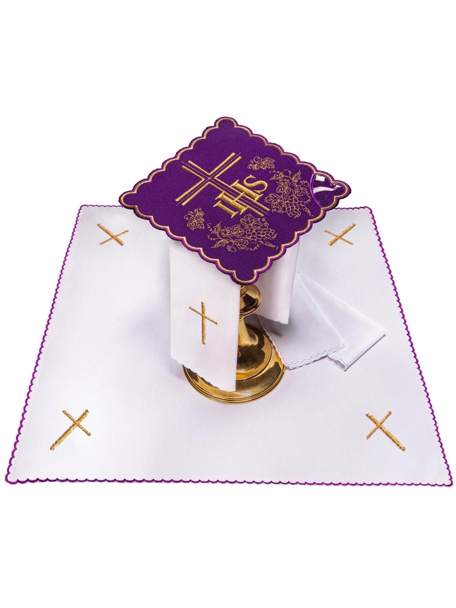 Purple Chalice Linens made of cotton with gold cross embroidery KK/156/03 - HAFTINAUSA.COM