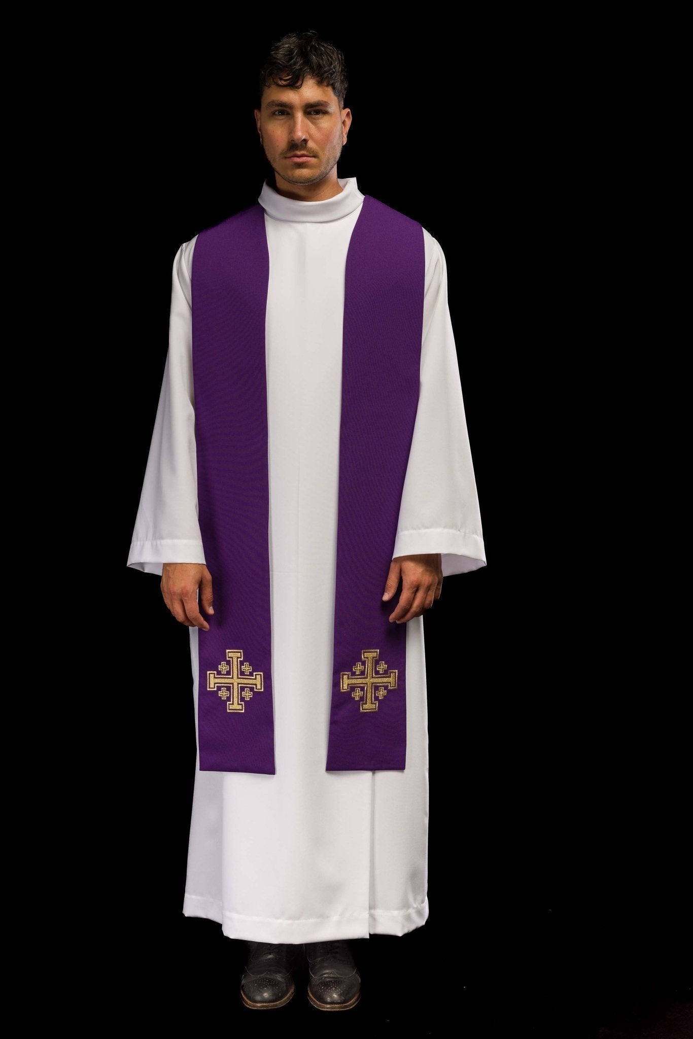 Purple Jerusalem Cross embroidered priestly stole KST/046/03/01 FIOLET - HAFTINAUSA.COM