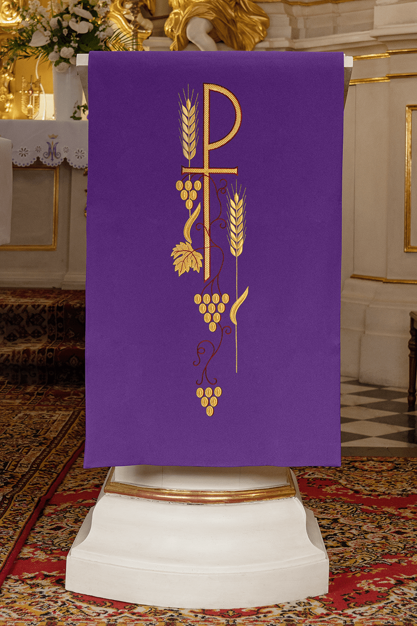 Purple lectern cover with embroidered PAX symbol KMO/001/03/01 FIOLET 55*250 - HAFTINAUSA.COM