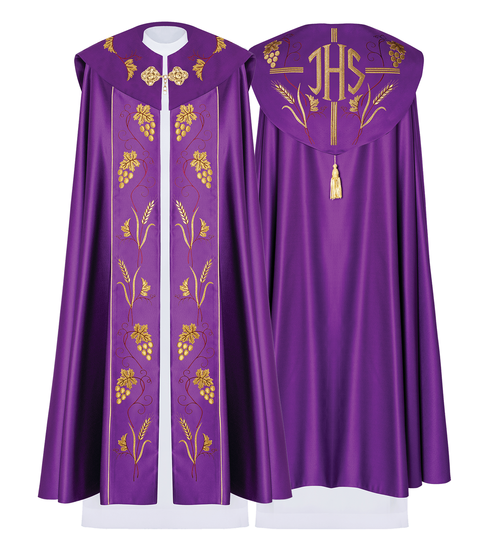 Purple liturgical cope with gold grape embroidery KKP/001/03/20 FIOLET SAT.POMPON 150cm - HAFTINAUSA.COM