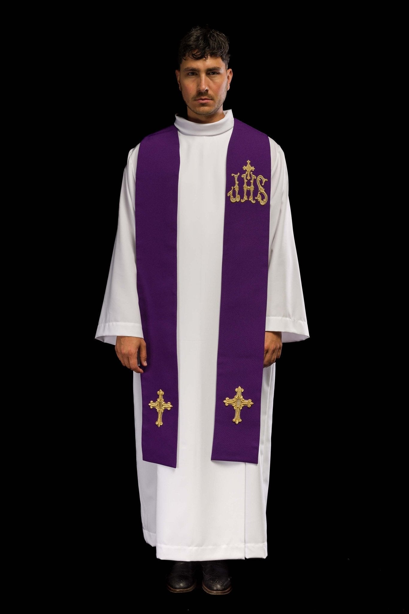Purple priestly stole embroidered with a cross and IHS KST/157/03/01 FIOLET - HAFTINAUSA.COM