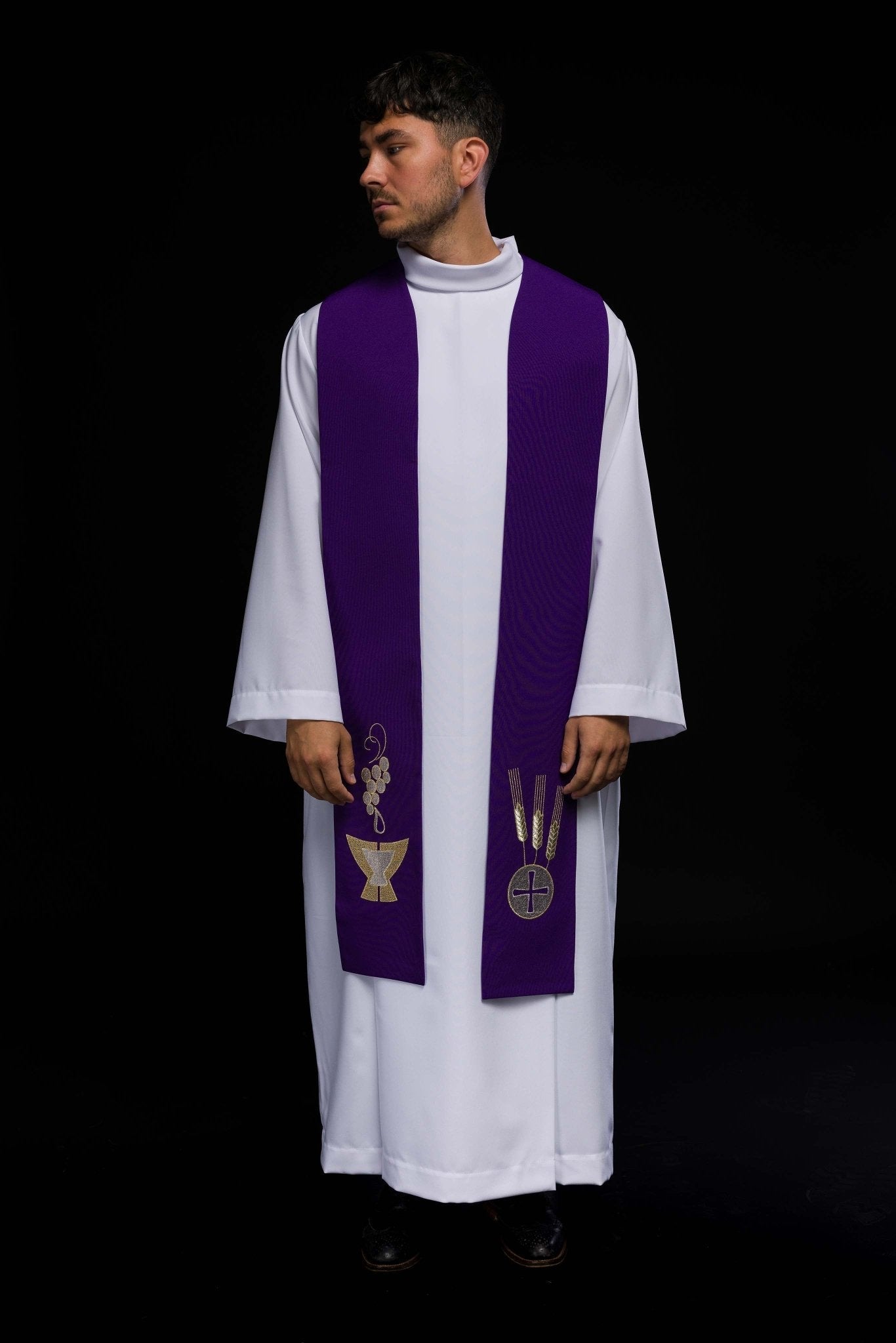 Purple priestly stole embroidered with Chalice, Wheat, and Grapes KST/009/03/01 FIOLET - HAFTINAUSA.COM