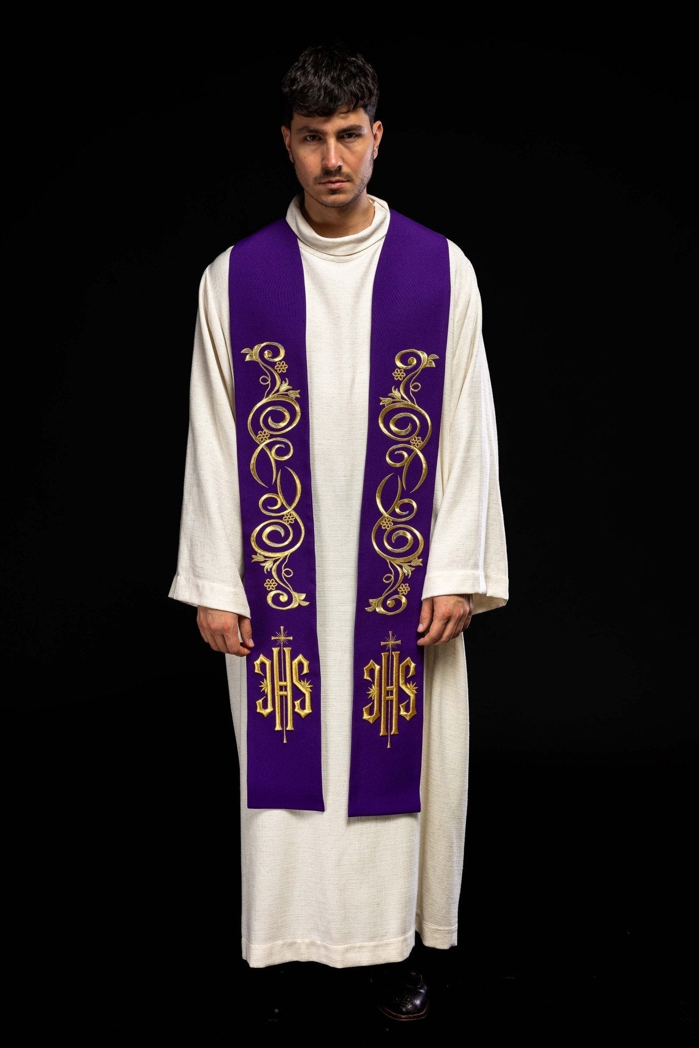 Purple priestly stole embroidered with IHS KST/031/03/01 FIOLET - HAFTINAUSA.COM