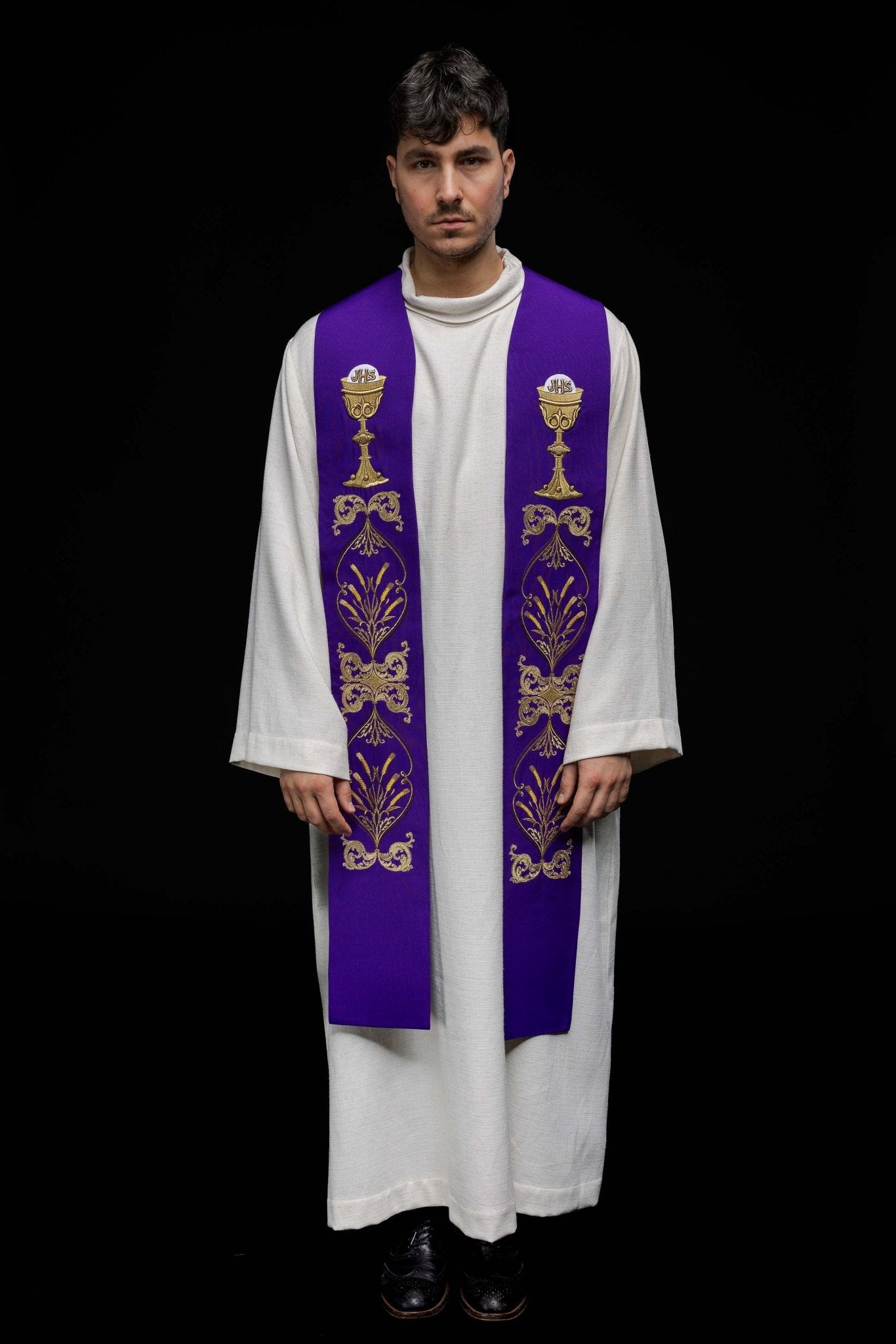 Purple priestly stole with chalice IHS KST/042/03/01 FIOLET - HAFTINAUSA.COM