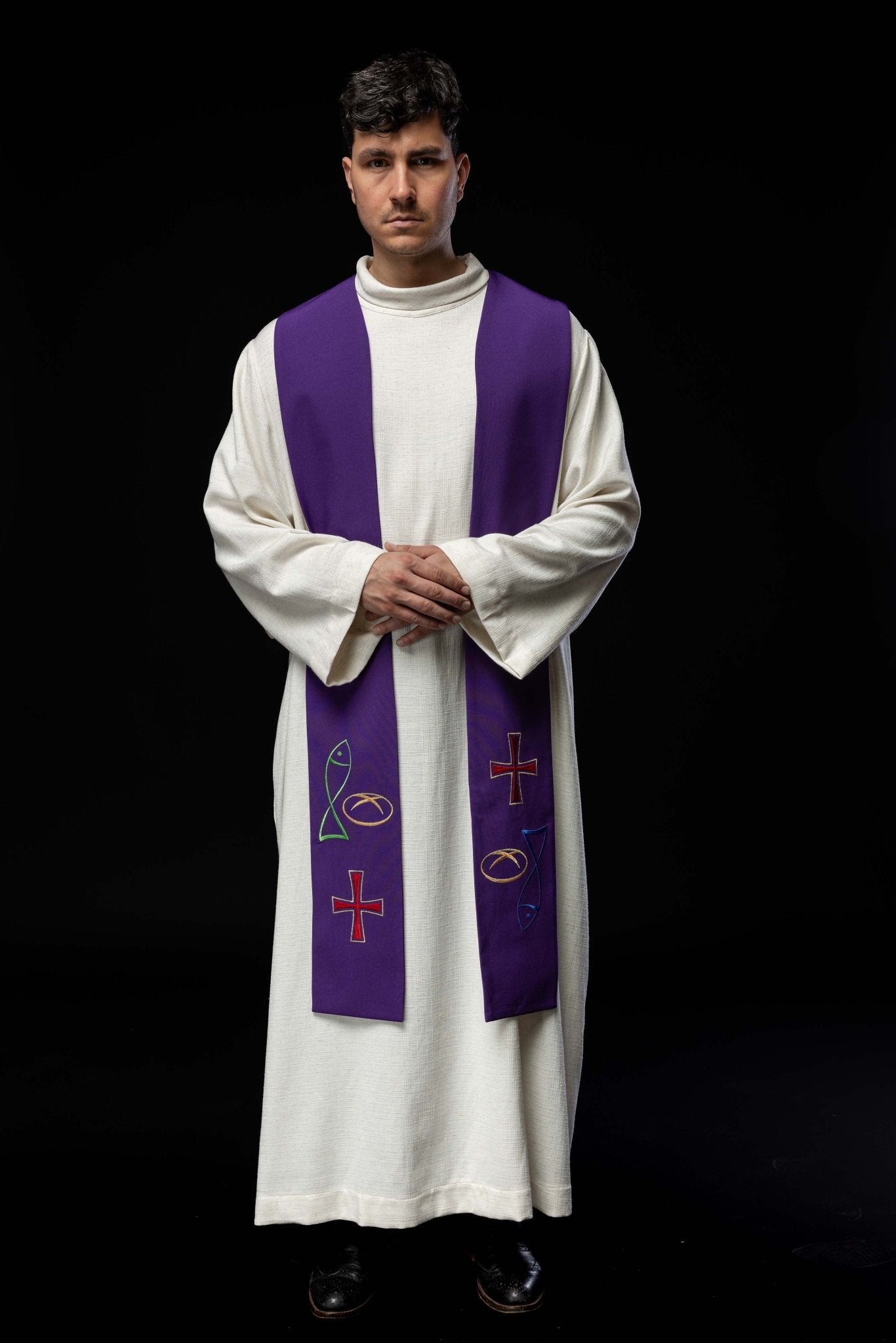 Purple priestly stole with embroidered Bread Cross Fish motif KST/007/03/12 FIOLET - HAFTINAUSA.COM