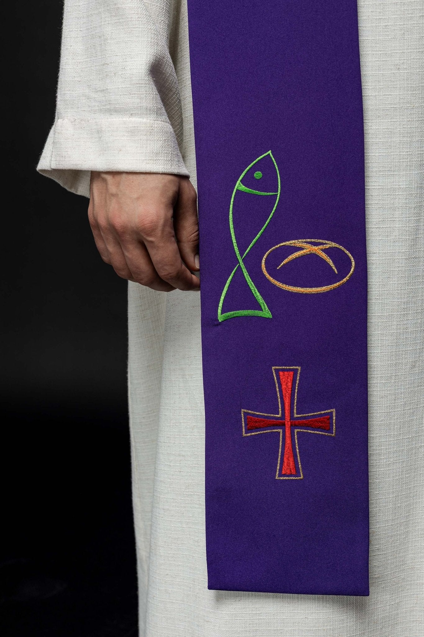 Purple priestly stole with embroidered Bread Cross Fish motif KST/007/03/12 FIOLET - HAFTINAUSA.COM