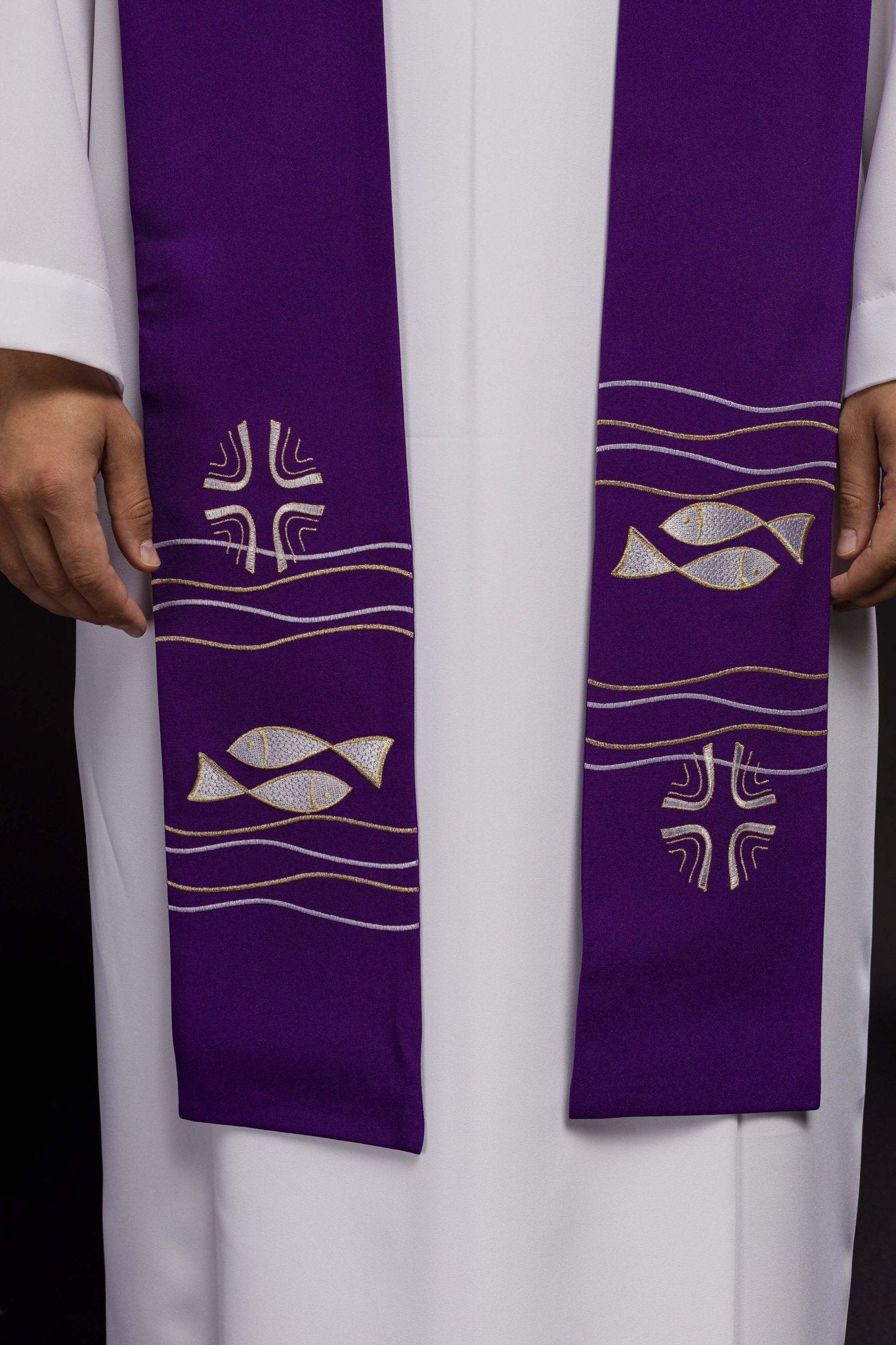 Purple priestly stole with embroidered Fish motif KST/022/03/01 FIOLET - HAFTINAUSA.COM