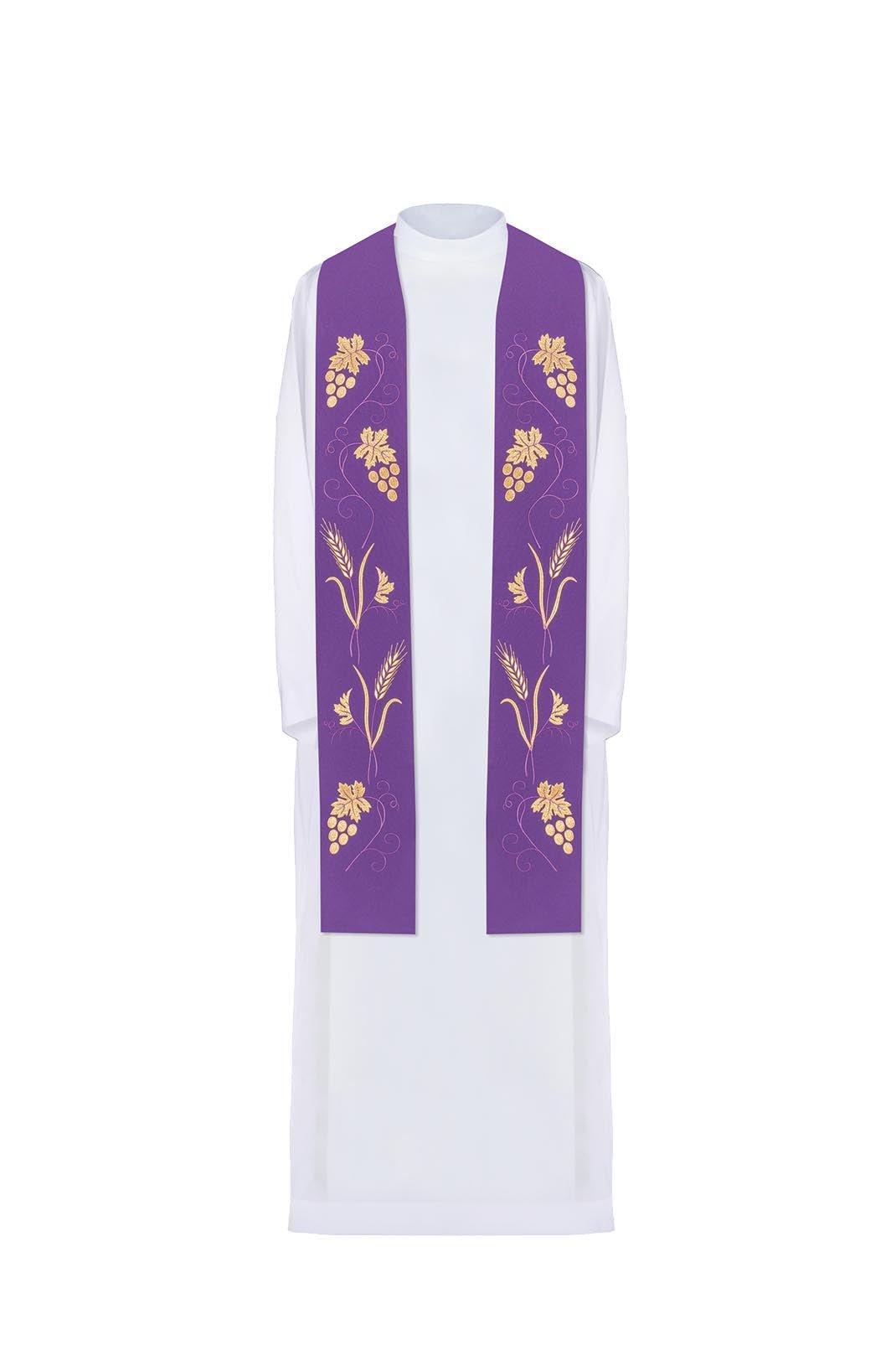 Purple priestly stole with rich grape and wheat embroidery KST/001/03/01 FIOLET - HAFTINAUSA.COM