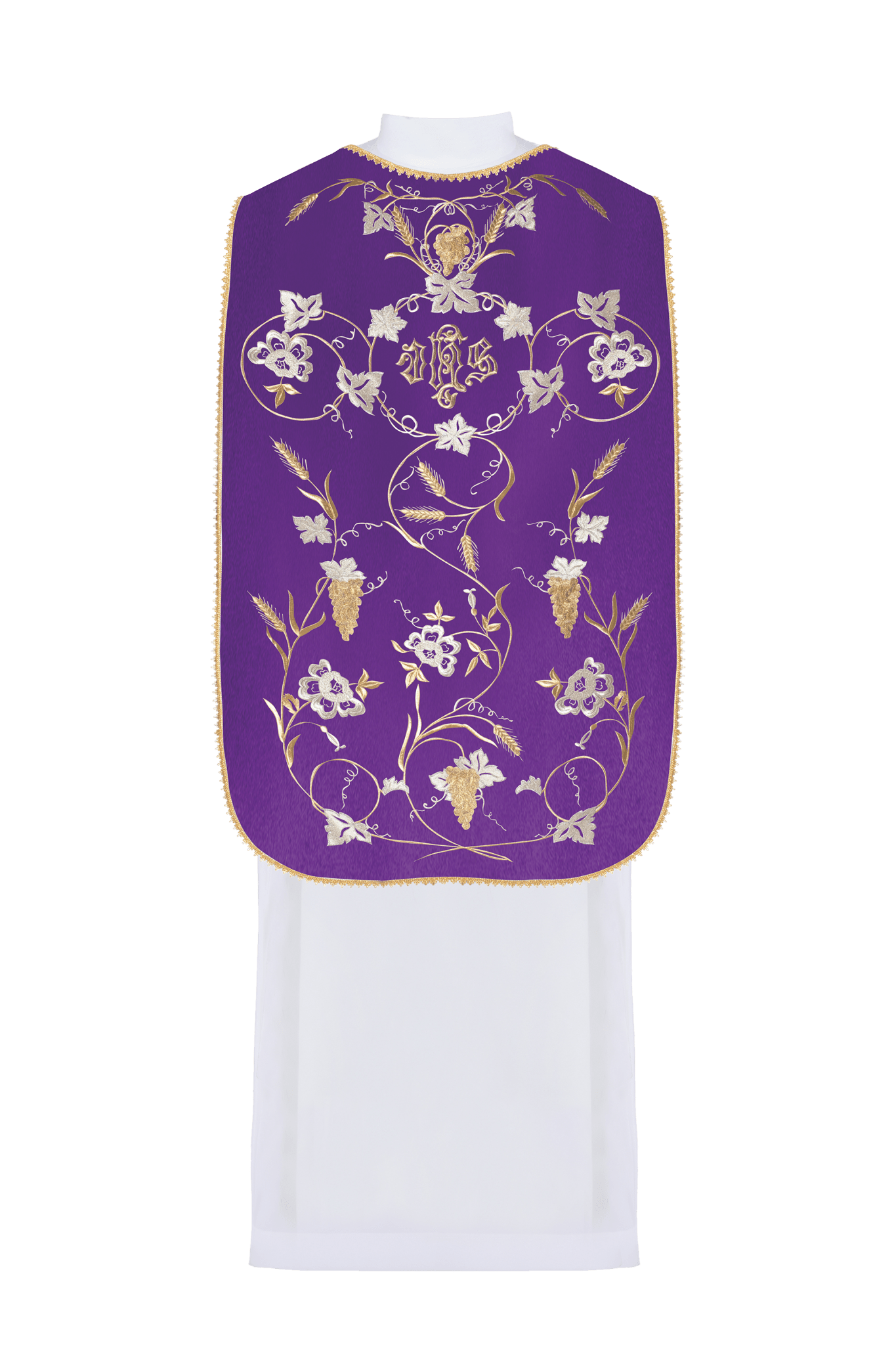 Purple Roman Chasuble with the motif of IHS, ears of wheat, and grapes KOR/122/03/01 FIOLET - HAFTINAUSA.COM